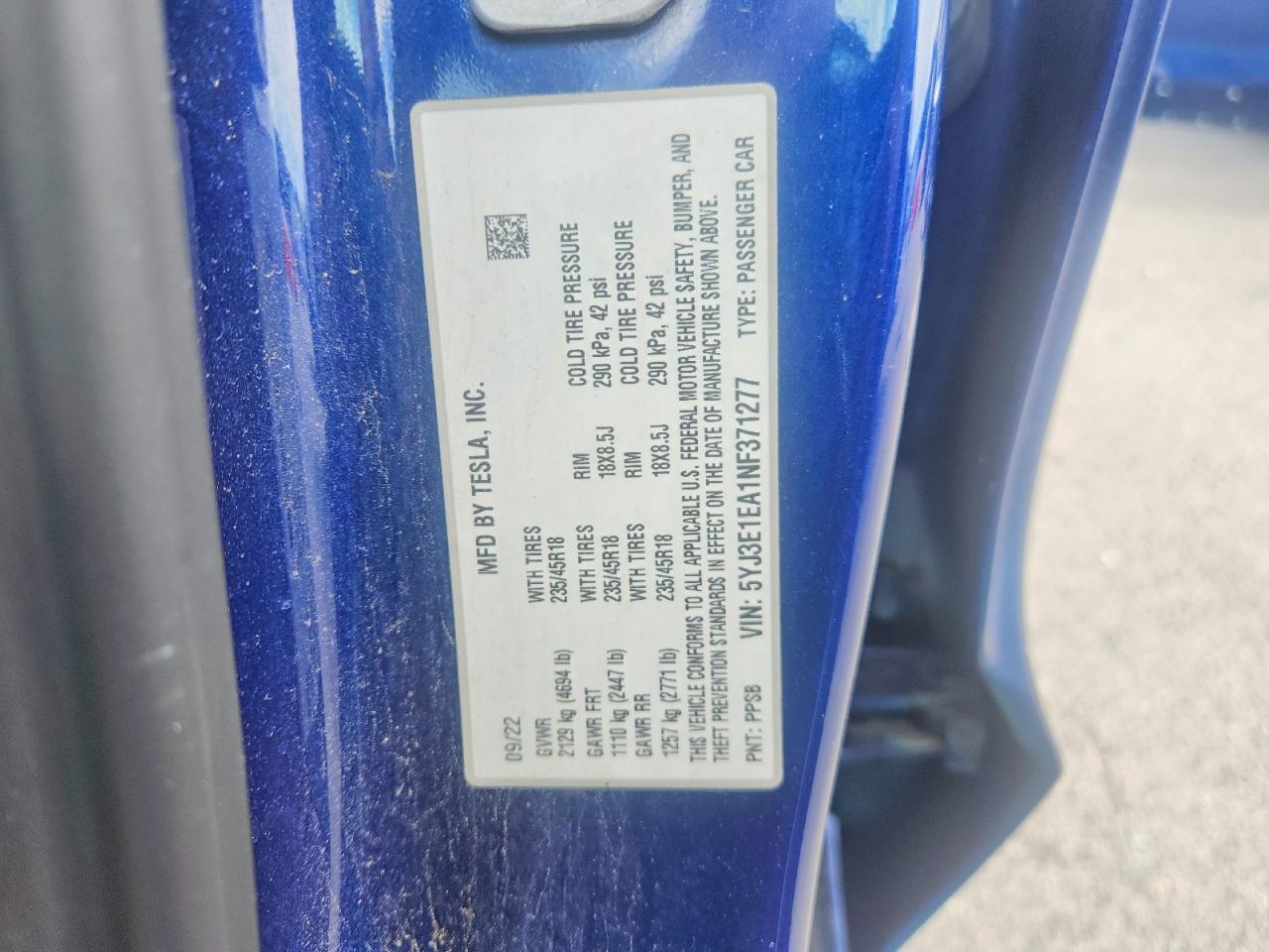 2022 Tesla Model 3 Blue vin: 5YJ3E1EA1NF371277