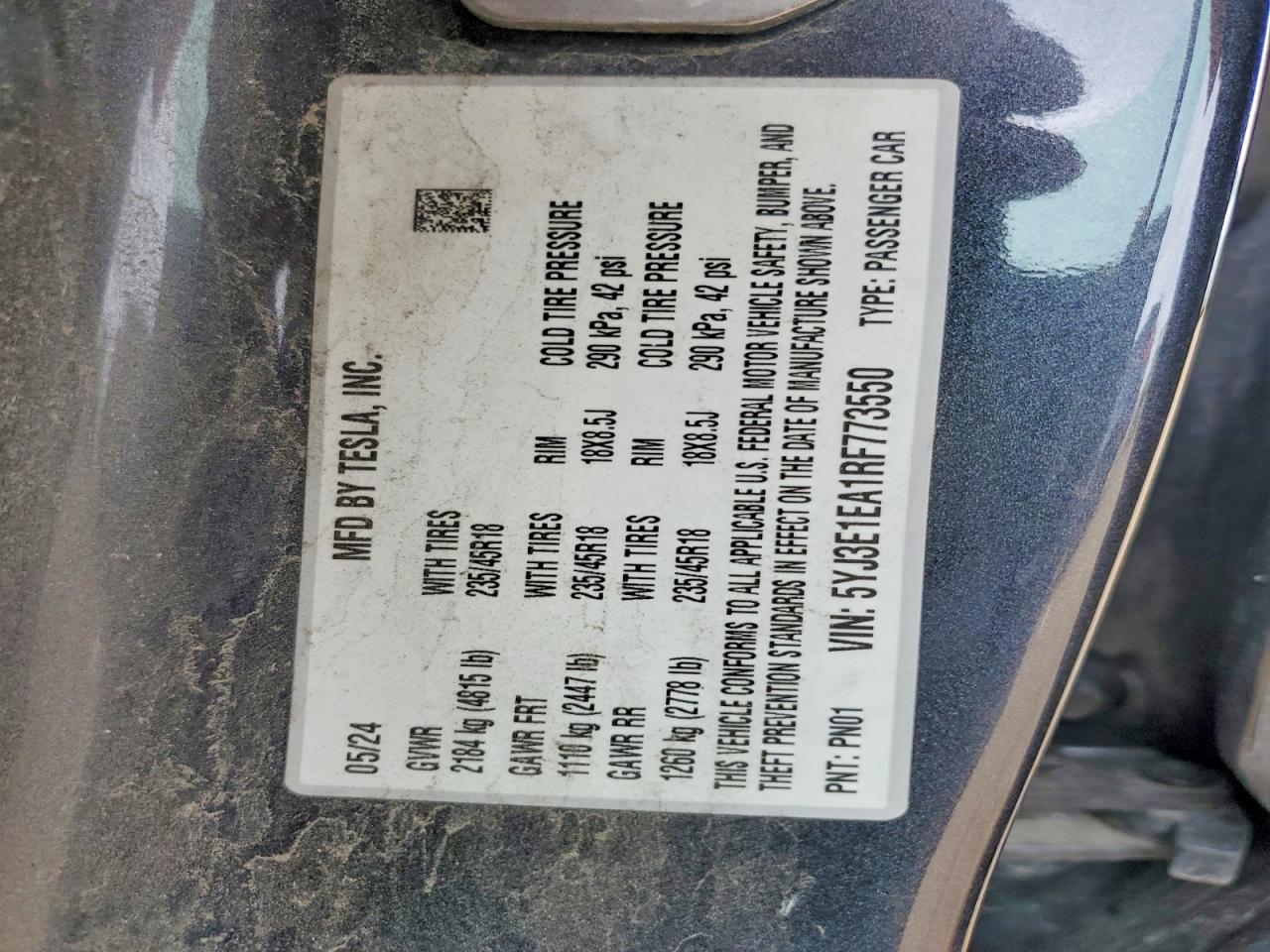 2024 Tesla Model 3 Gray vin: 5YJ3E1EA1RF773550