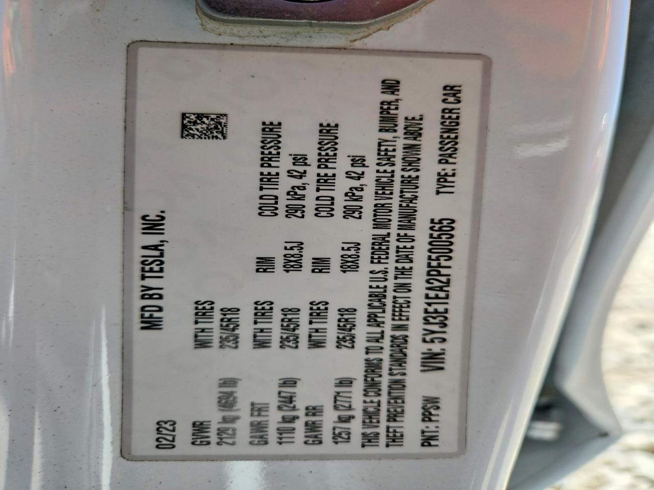 2023 Tesla Model 3 White vin: 5YJ3E1EA2PF500565