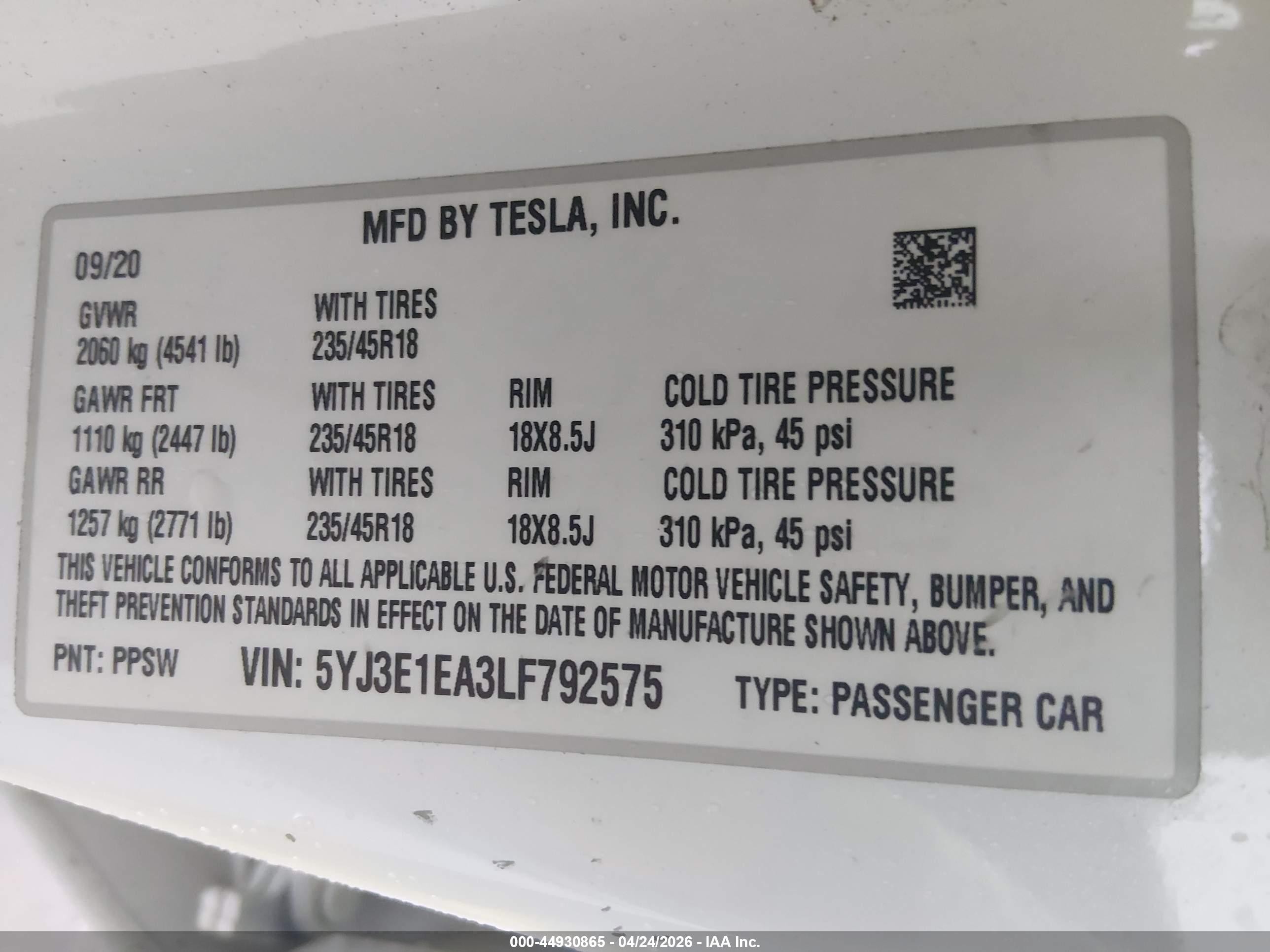 2020 Tesla Model 3 Standard Range Plus Rear-wheel Drive/standard Range Rear-wheel Drive White vin: 5YJ3E1EA3LF792575