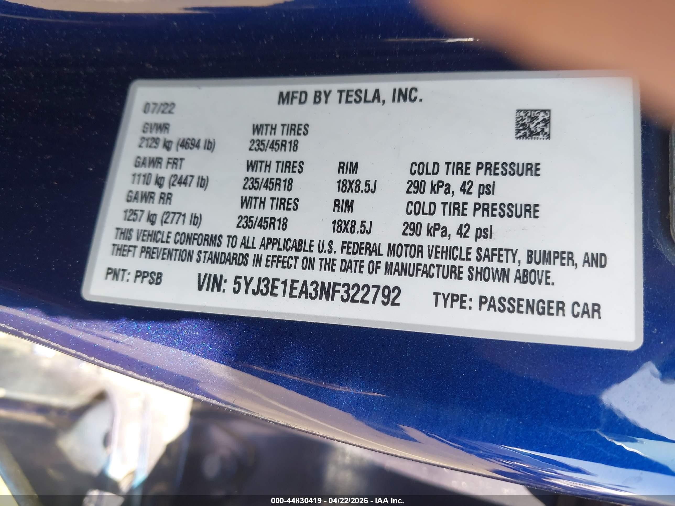 2022 Tesla Model 3 Rear-wheel Drive Dark Blue vin: 5YJ3E1EA3NF322792