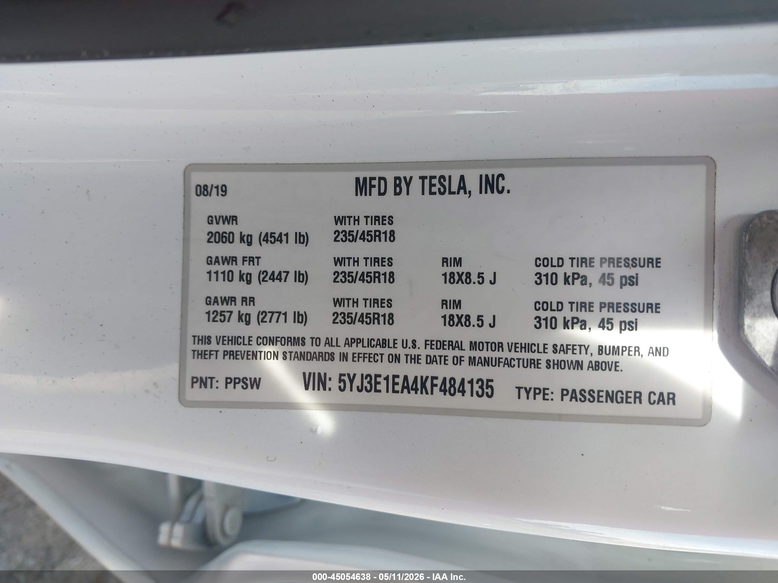 2019 Tesla Model 3 Long Range/mid Range/standard Range/standard Range Plus Белый vin: 5YJ3E1EA4KF484135