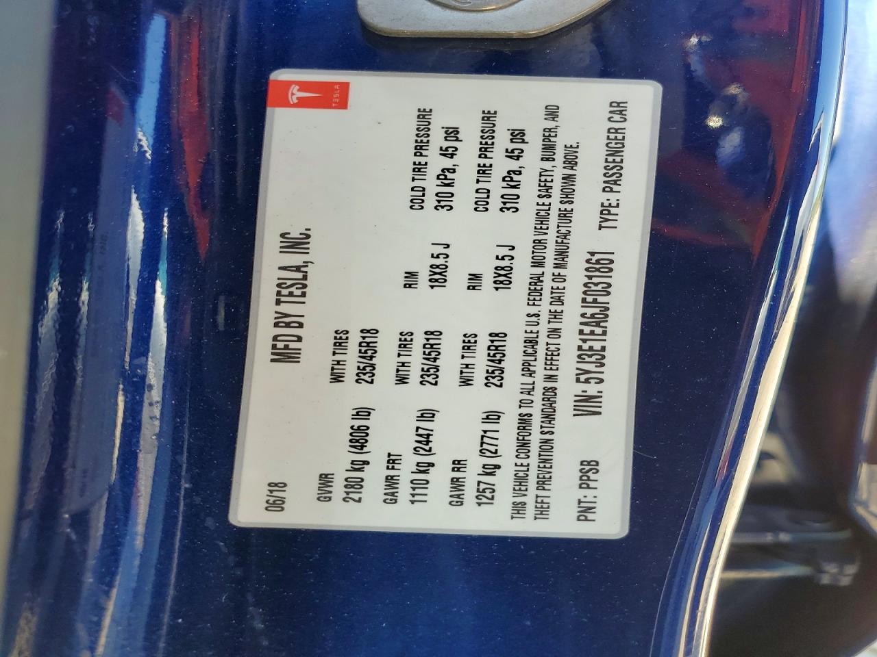 2018 Tesla Model 3 Blue vin: 5YJ3E1EA6JF031861
