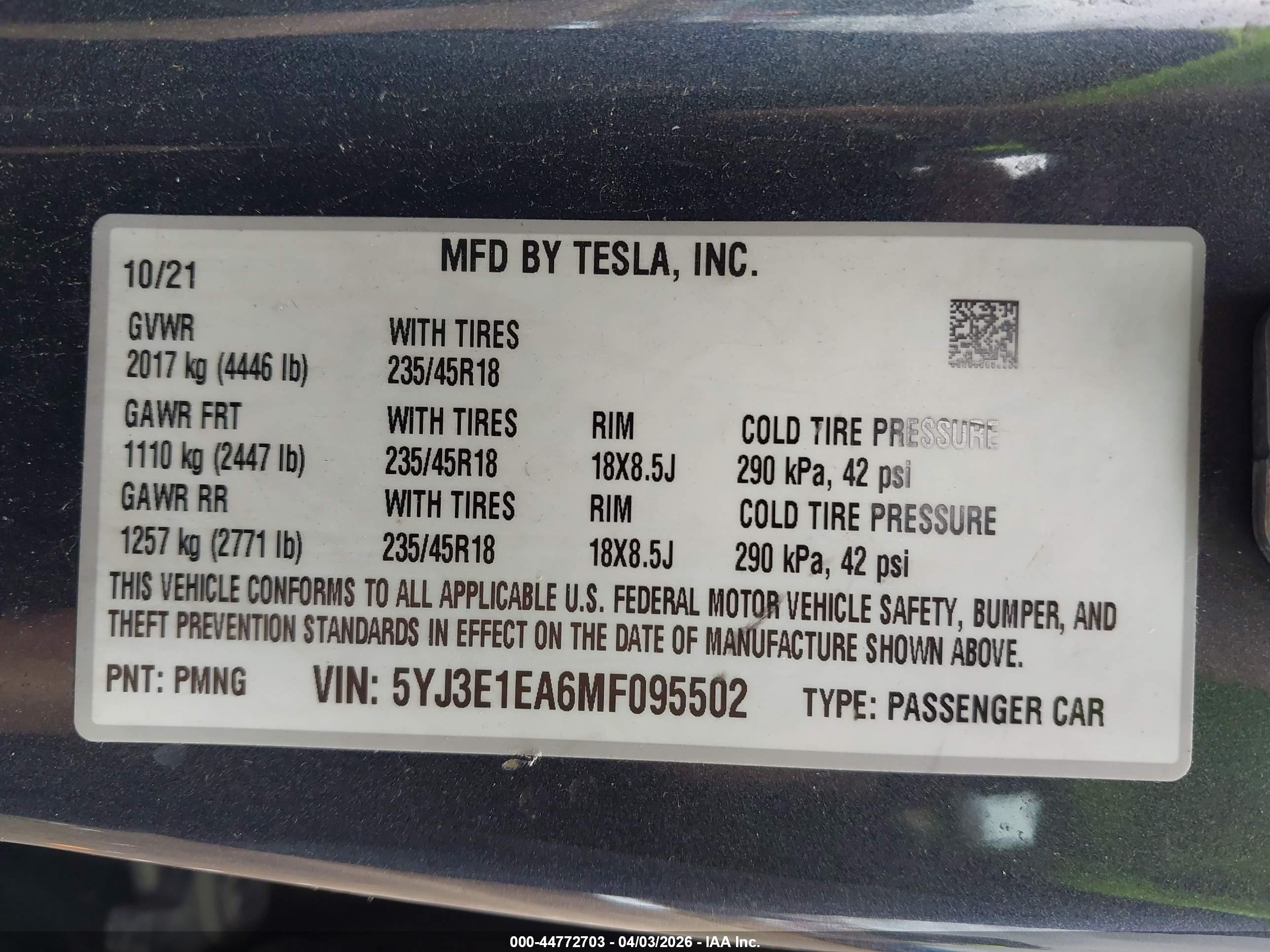 2021 Tesla Model 3 Standard Range Plus Rear-wheel Drive Gray vin: 5YJ3E1EA6MF095502