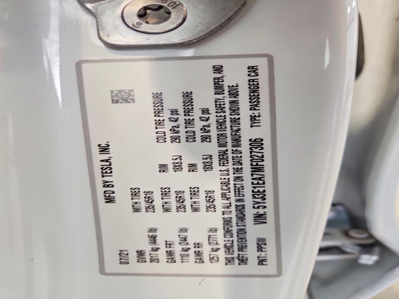 2021 Tesla Model 3 White vin: 5YJ3E1EA7MF027306