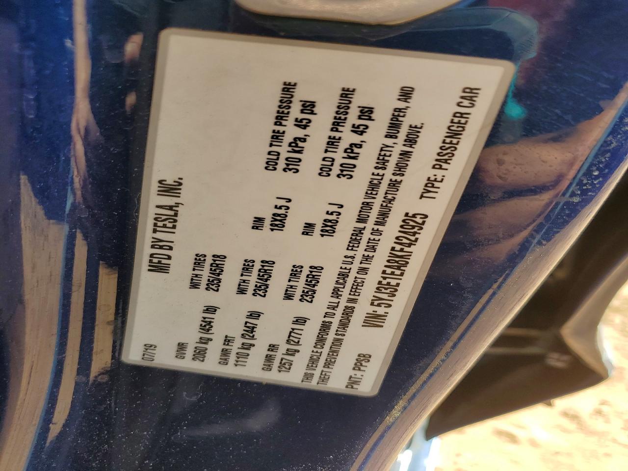 2019 Tesla Model 3 Синий vin: 5YJ3E1EA8KF424925
