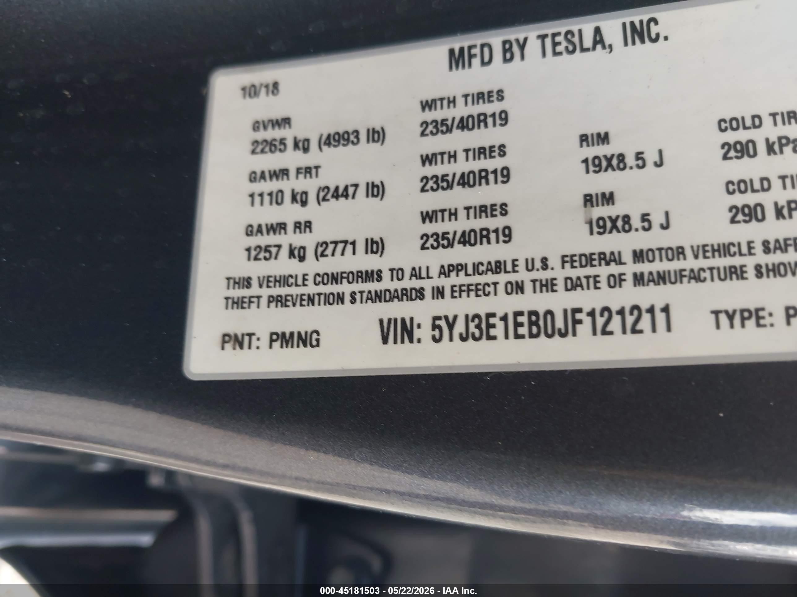 2018 Tesla Model 3 Long Range/performance Gray vin: 5YJ3E1EB0JF121211