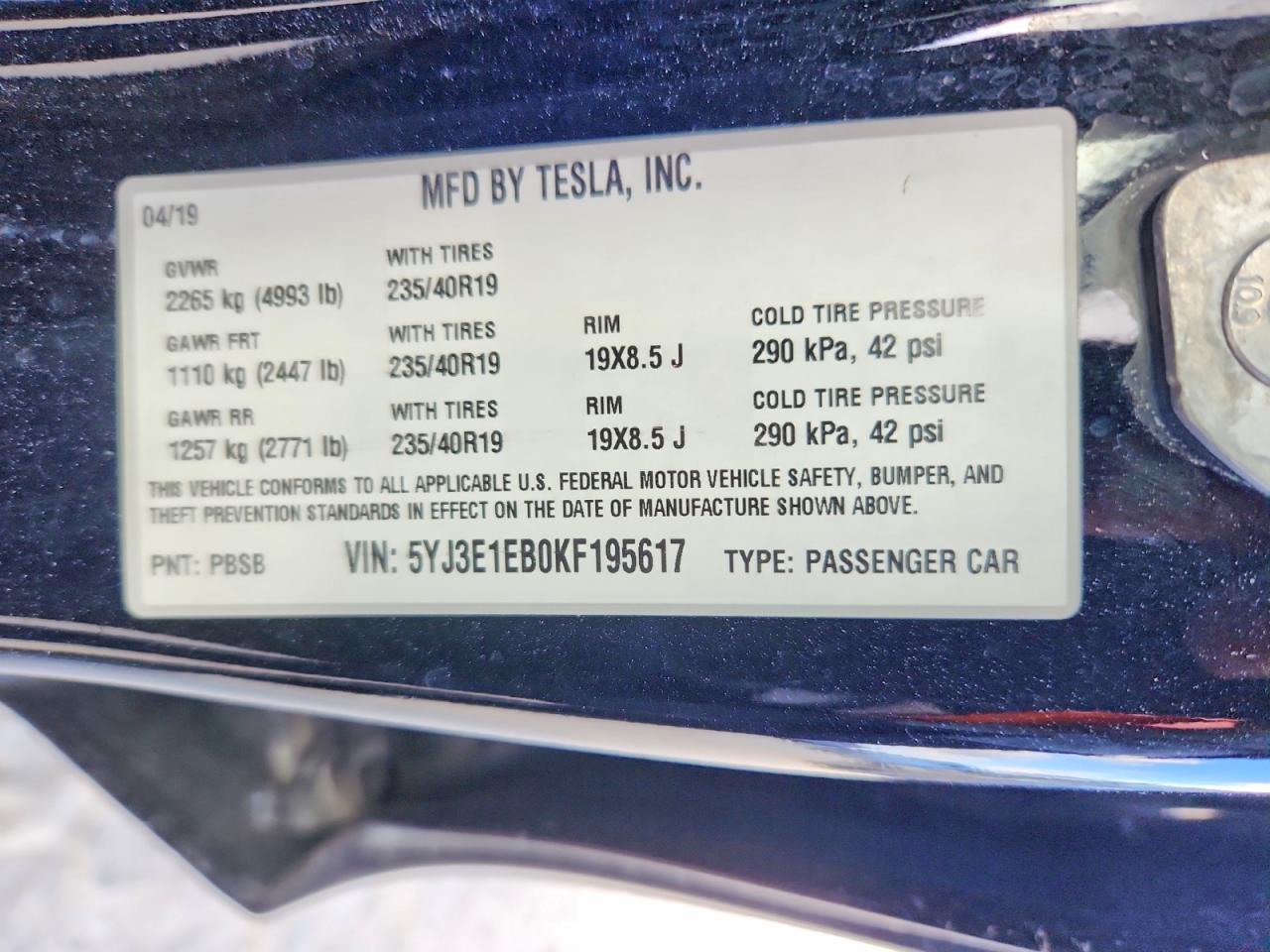 2019 Tesla Model 3 Black vin: 5YJ3E1EB0KF195617
