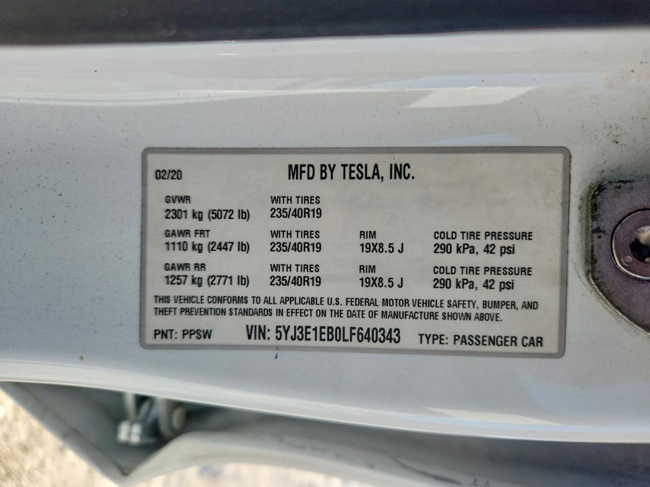 2020 Tesla Model 3 White vin: 5YJ3E1EB0LF640343