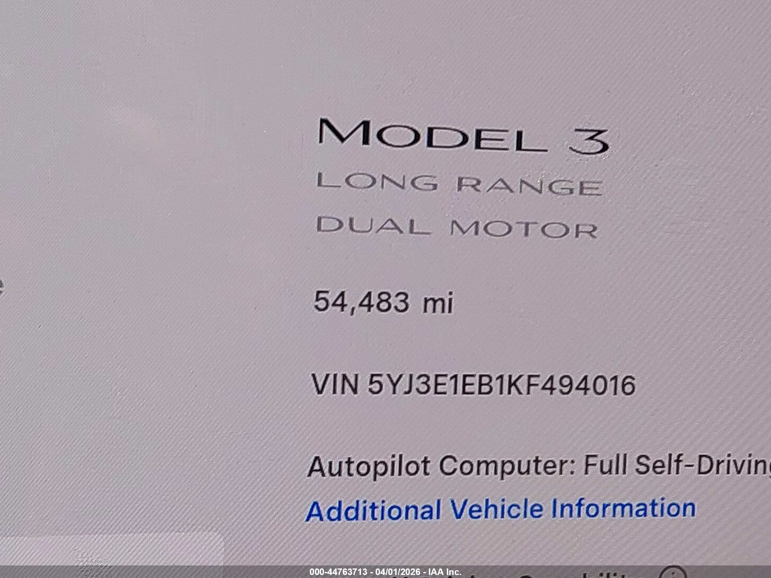 2019 Tesla Model 3 Long Range/performance Белый vin: 5YJ3E1EB1KF494016