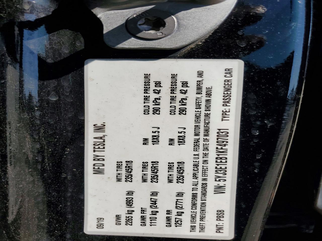 2019 Tesla Model 3 Черный vin: 5YJ3E1EB1KF497031