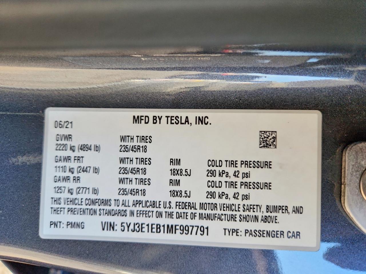 2021 Tesla Model 3 Серый vin: 5YJ3E1EB1MF997791