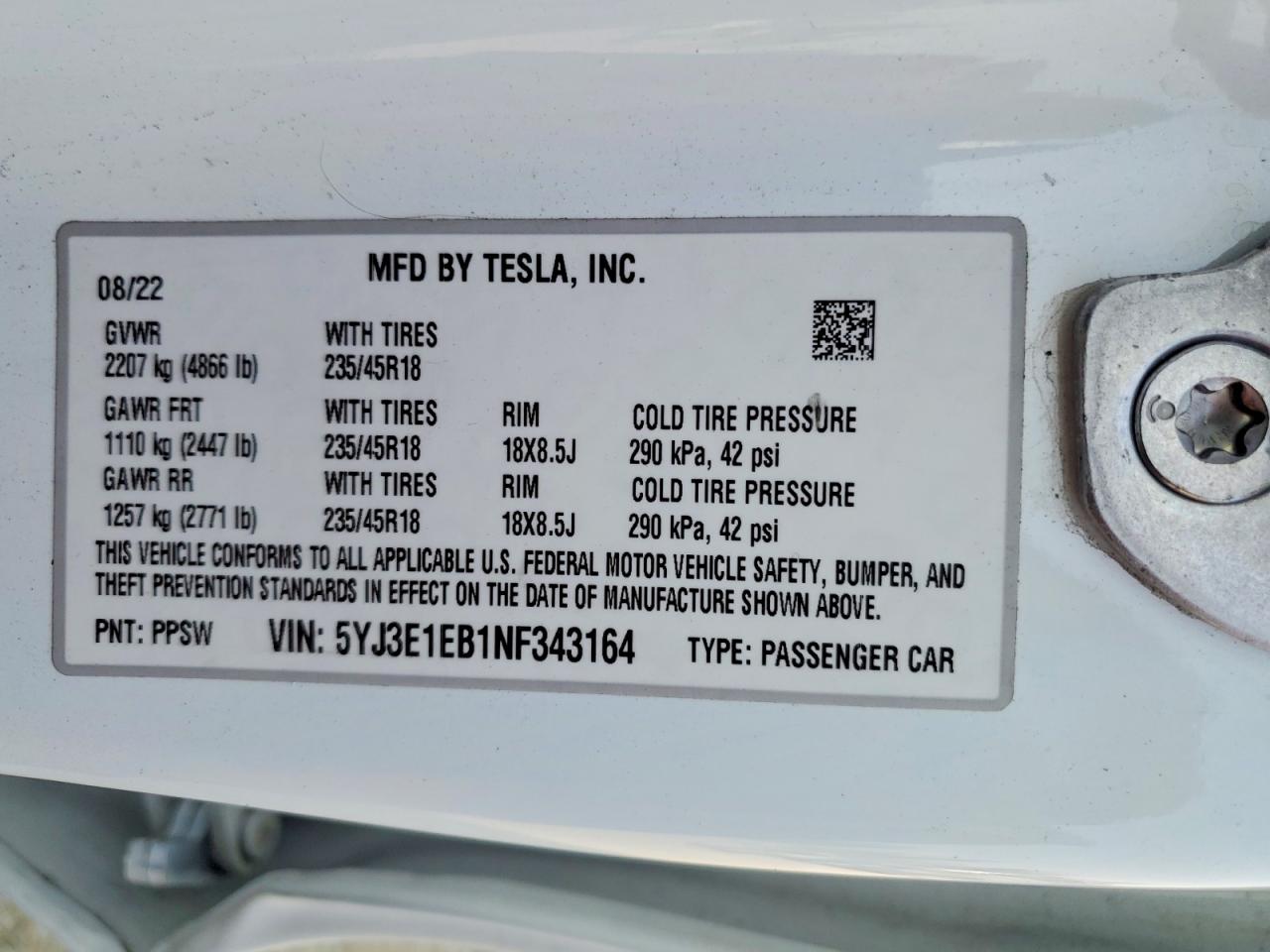2022 Tesla Model 3 White vin: 5YJ3E1EB1NF343164
