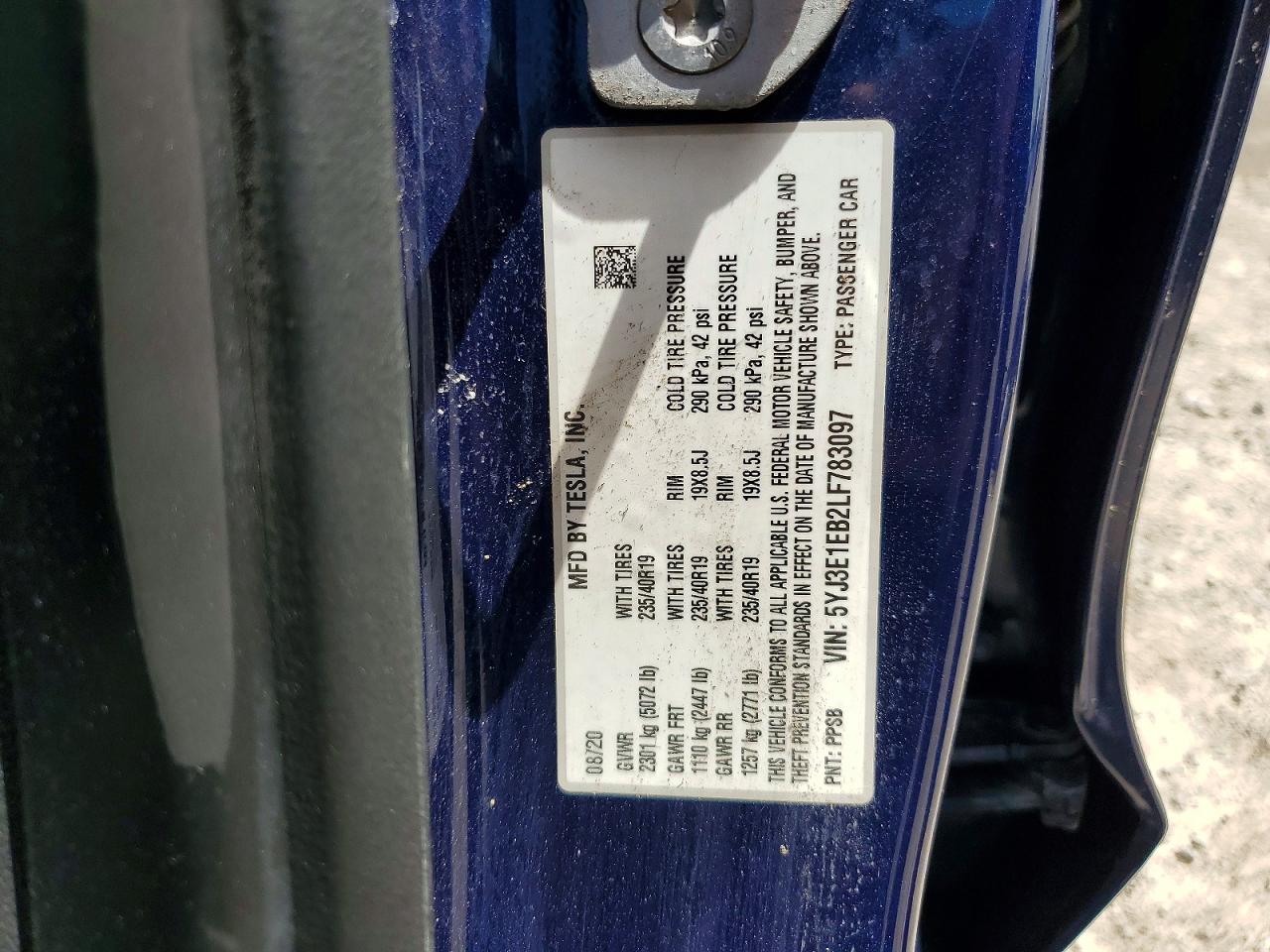 2020 Tesla Model 3 Blue vin: 5YJ3E1EB2LF783097