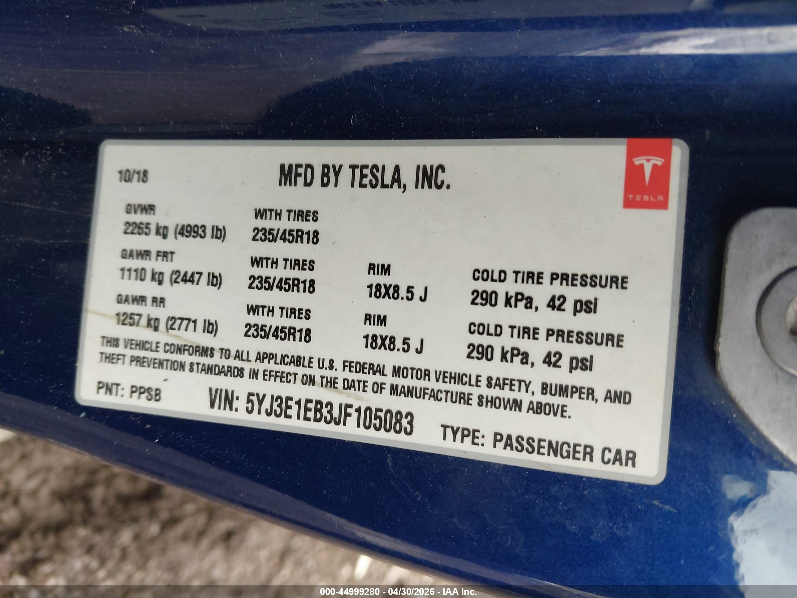 2018 Tesla Model 3 Long Range/performance Синий vin: 5YJ3E1EB3JF105083