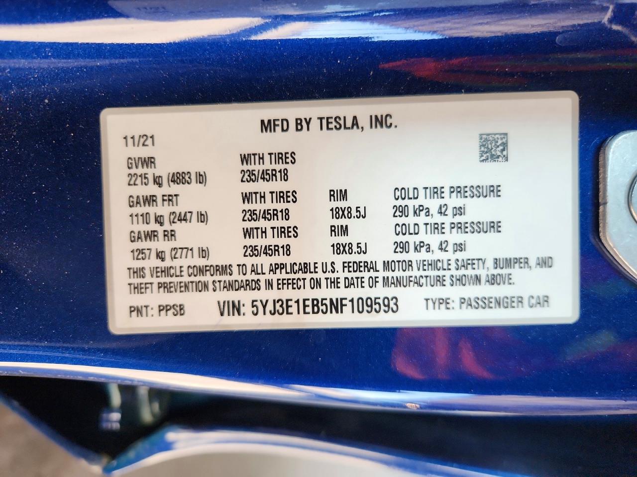 2022 Tesla Model 3 Blue vin: 5YJ3E1EB5NF109593