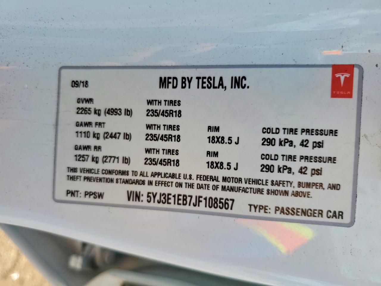 2018 Tesla Model 3 White vin: 5YJ3E1EB7JF108567