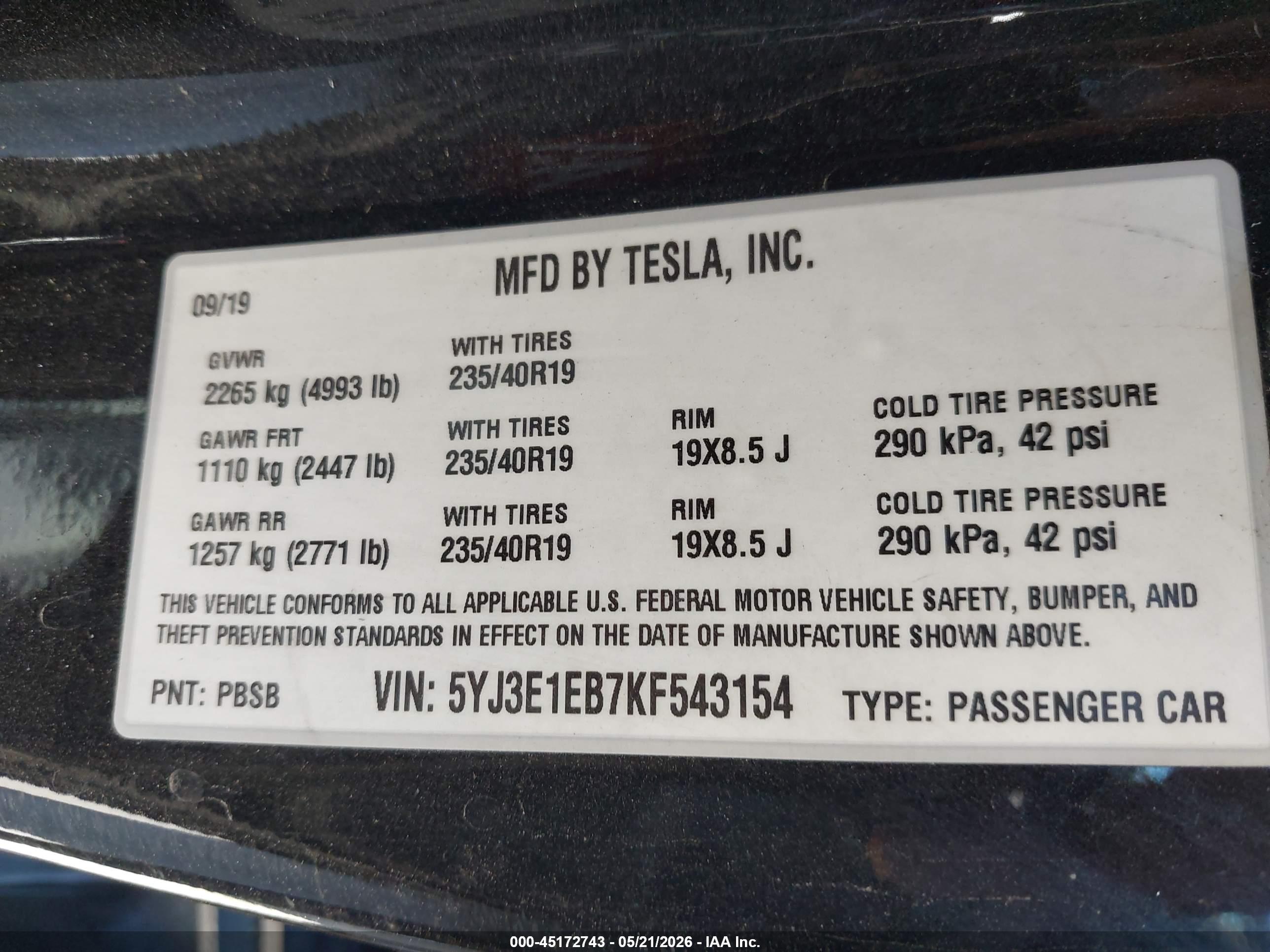 2019 Tesla Model 3 Long Range/performance Black vin: 5YJ3E1EB7KF543154