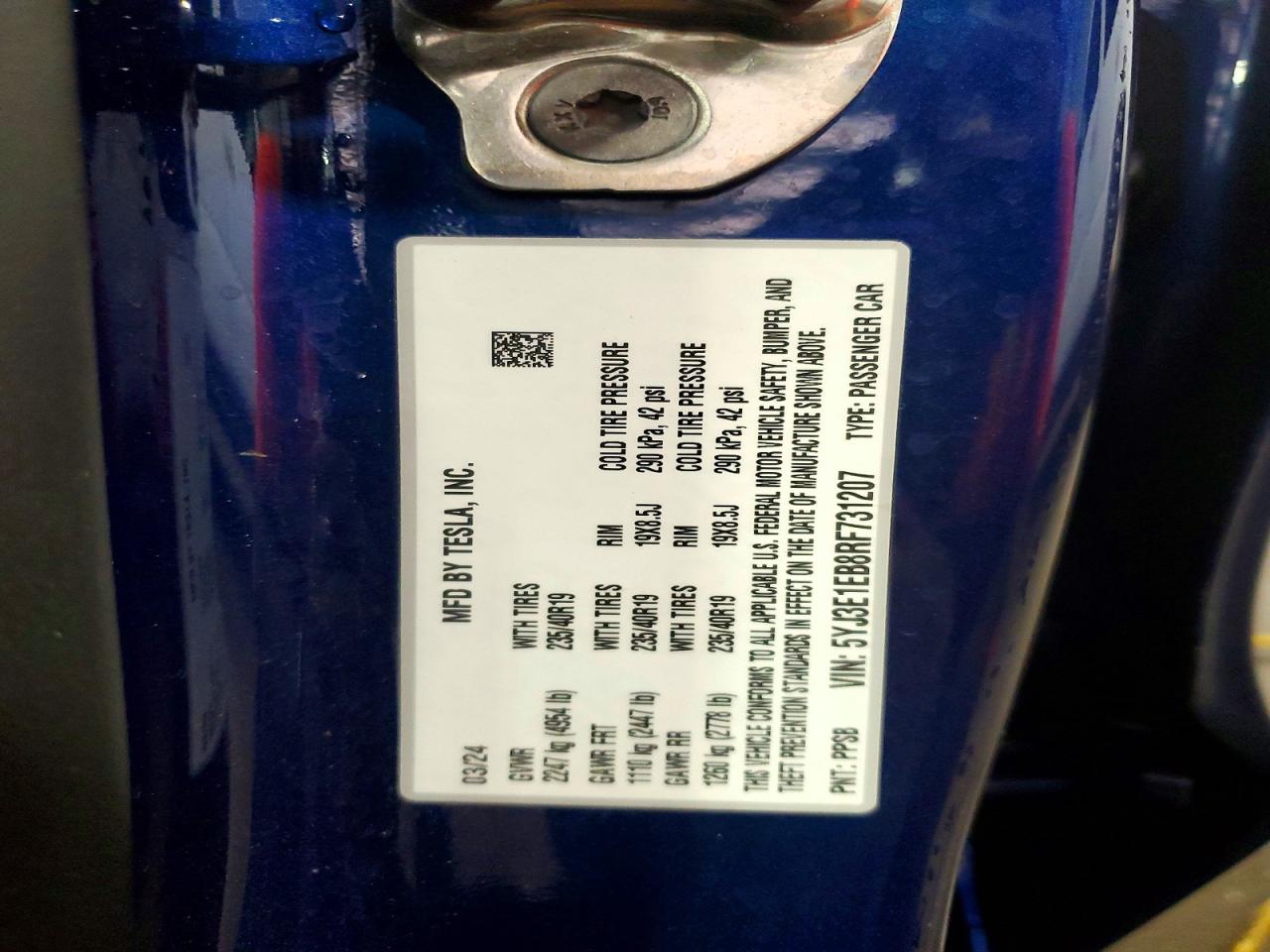 2024 Tesla Model 3 Blue vin: 5YJ3E1EB8RF731207
