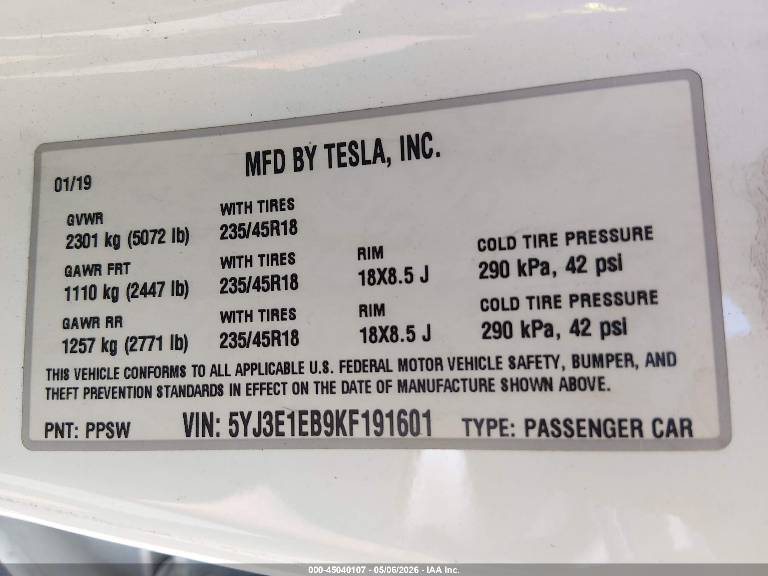 2019 Tesla Model 3 Long Range/performance Белый vin: 5YJ3E1EB9KF191601