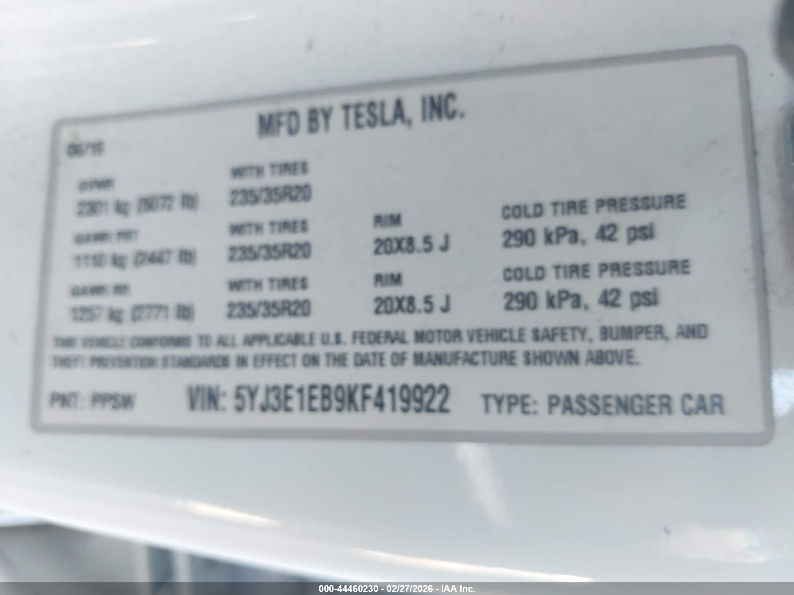 2019 Tesla Model 3 Long Range/performance White vin: 5YJ3E1EB9KF419922