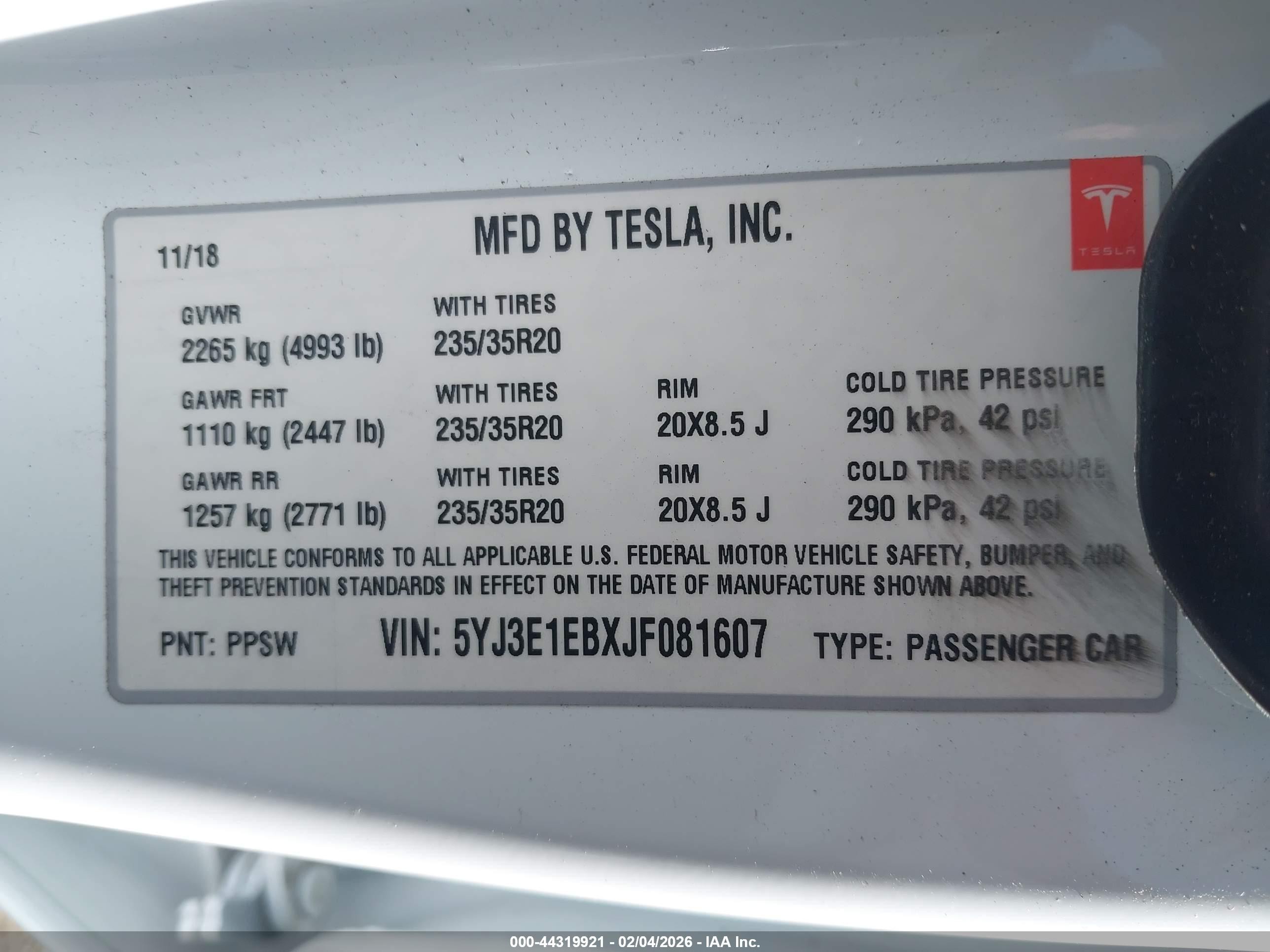 2018 Tesla Model 3 Long Range/performance Белый vin: 5YJ3E1EBXJF081607