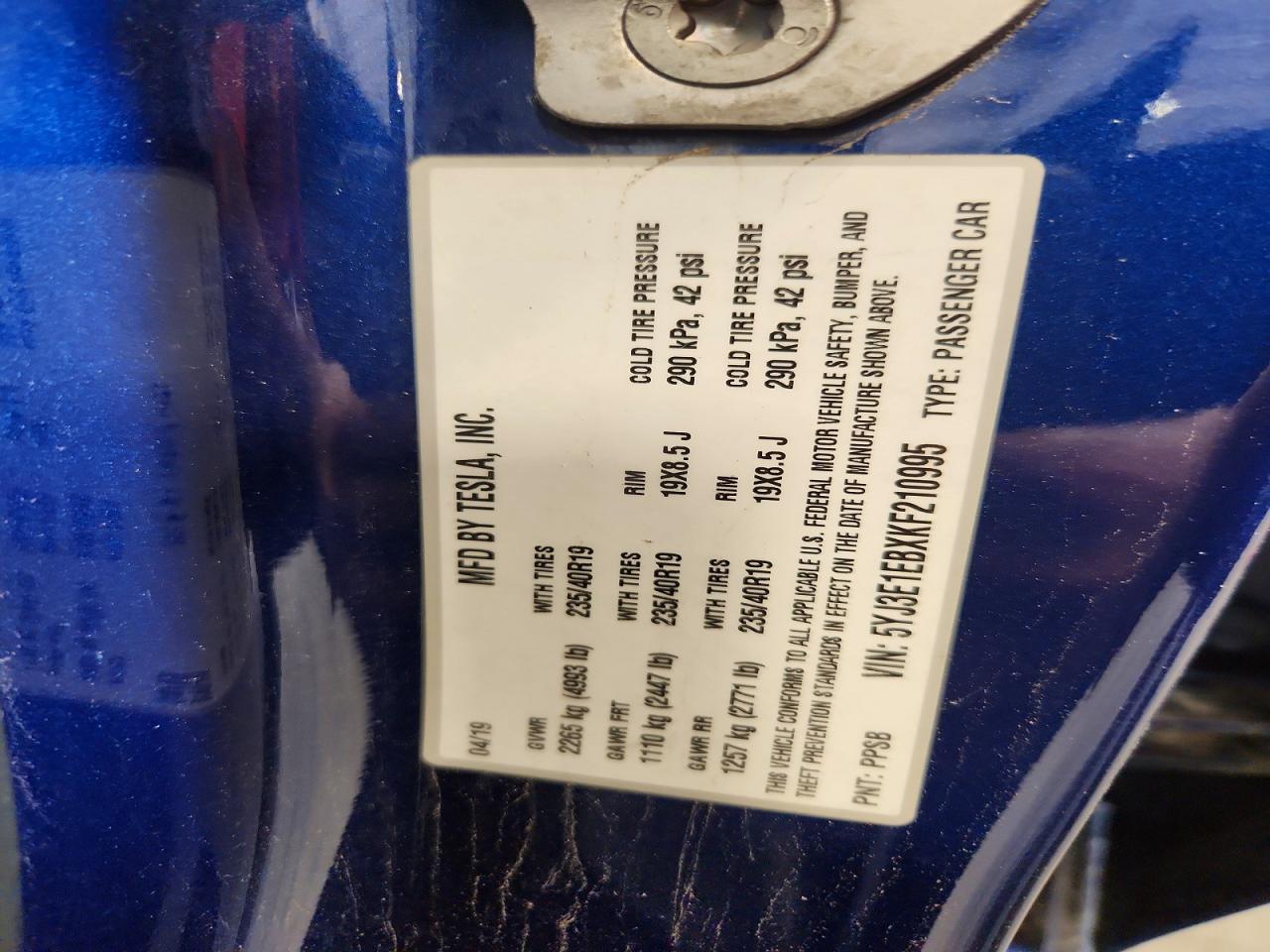 2019 Tesla Model 3 Blue vin: 5YJ3E1EBXKF210995