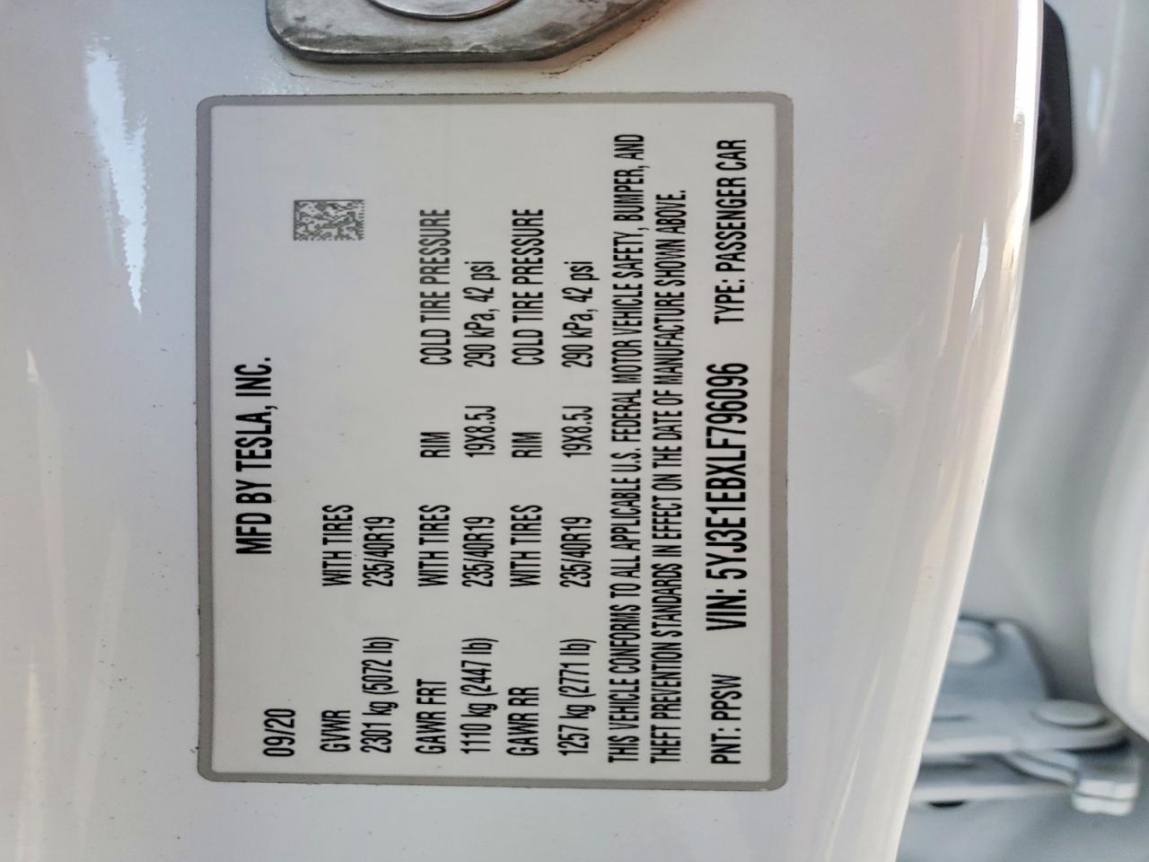 2020 Tesla Model 3 White vin: 5YJ3E1EBXLF796096