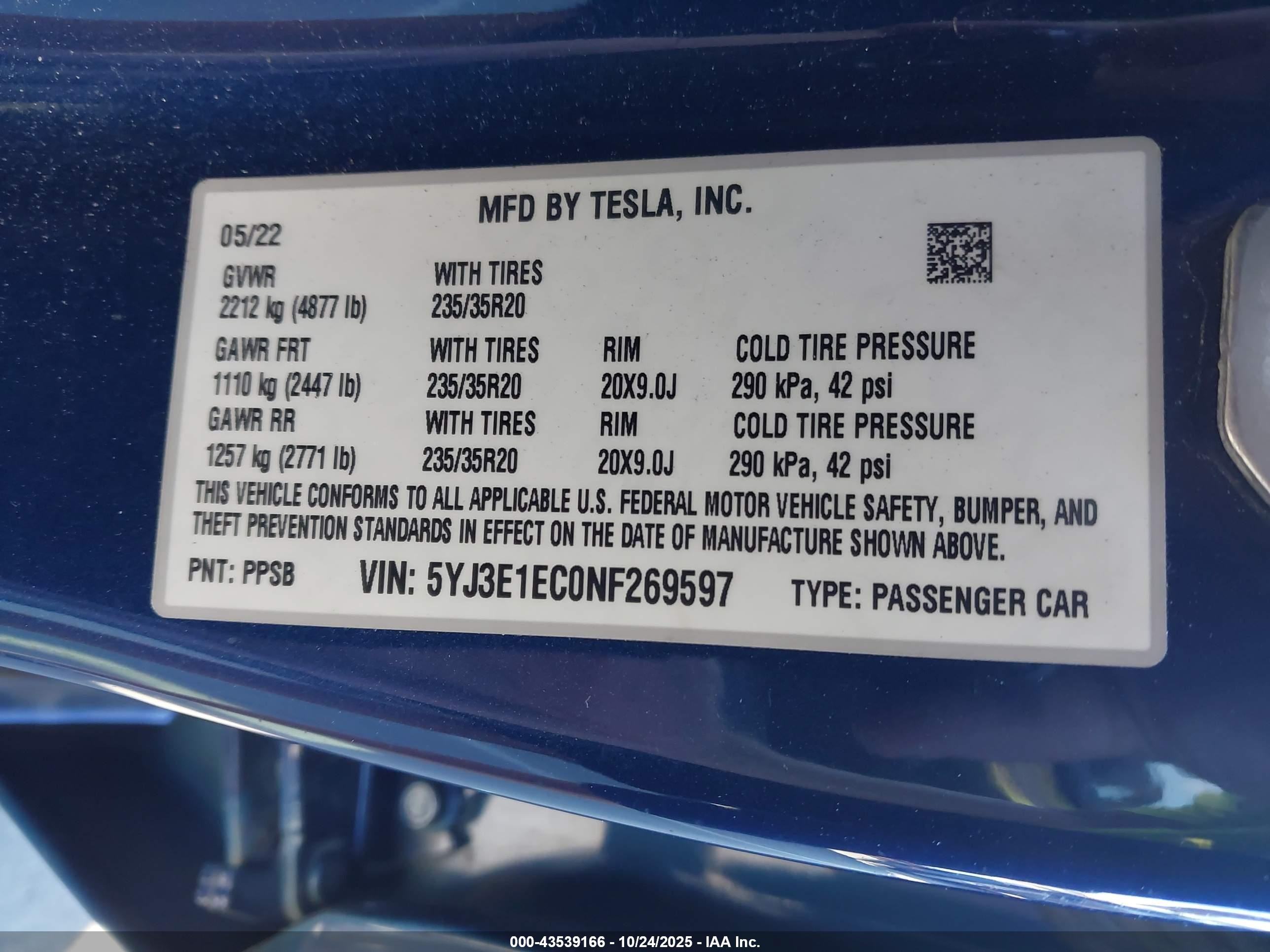 2022 Tesla Model 3 Performance Dual Motor All-wheel Drive Dark Blue vin: 5YJ3E1EC0NF269597
