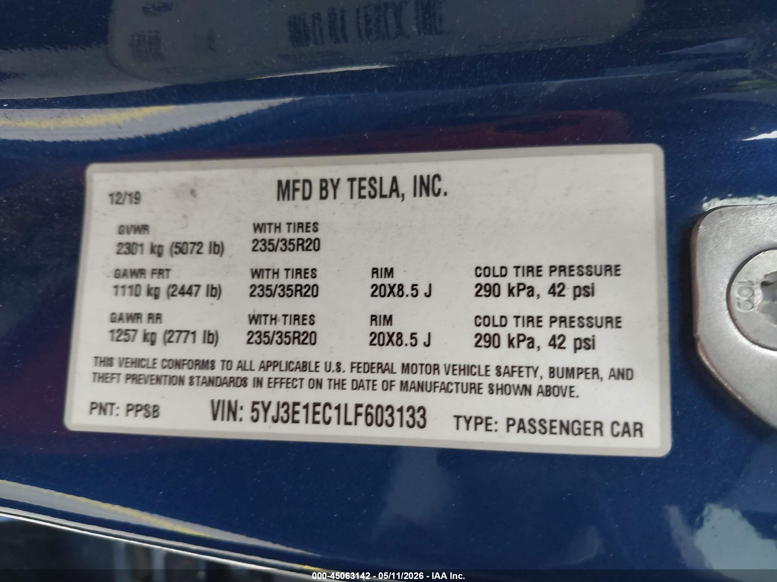 2020 Tesla Model 3 Performance Dual Motor All-wheel Drive Синий vin: 5YJ3E1EC1LF603133