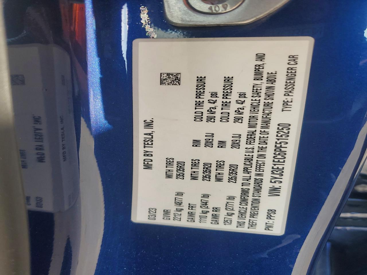 2023 Tesla Model 3 Синий vin: 5YJ3E1EC6PF515250