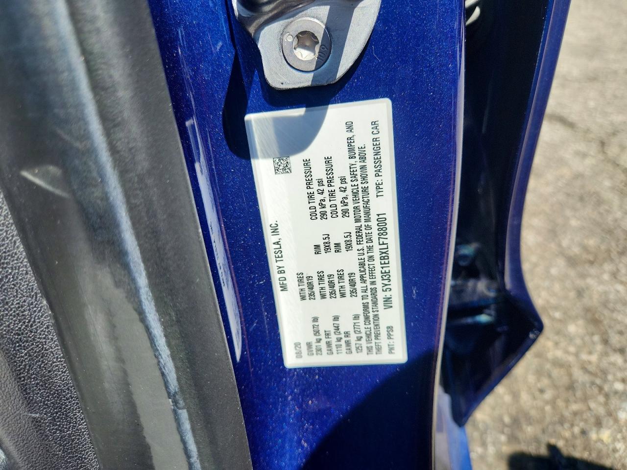 2020 Tesla Model 3 Blue vin: 5YJE1EBXLF788001