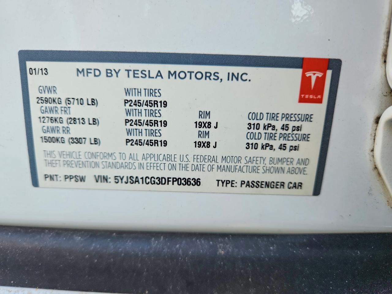 2013 Tesla Model S White vin: 5YJSA1CG3DFP03636