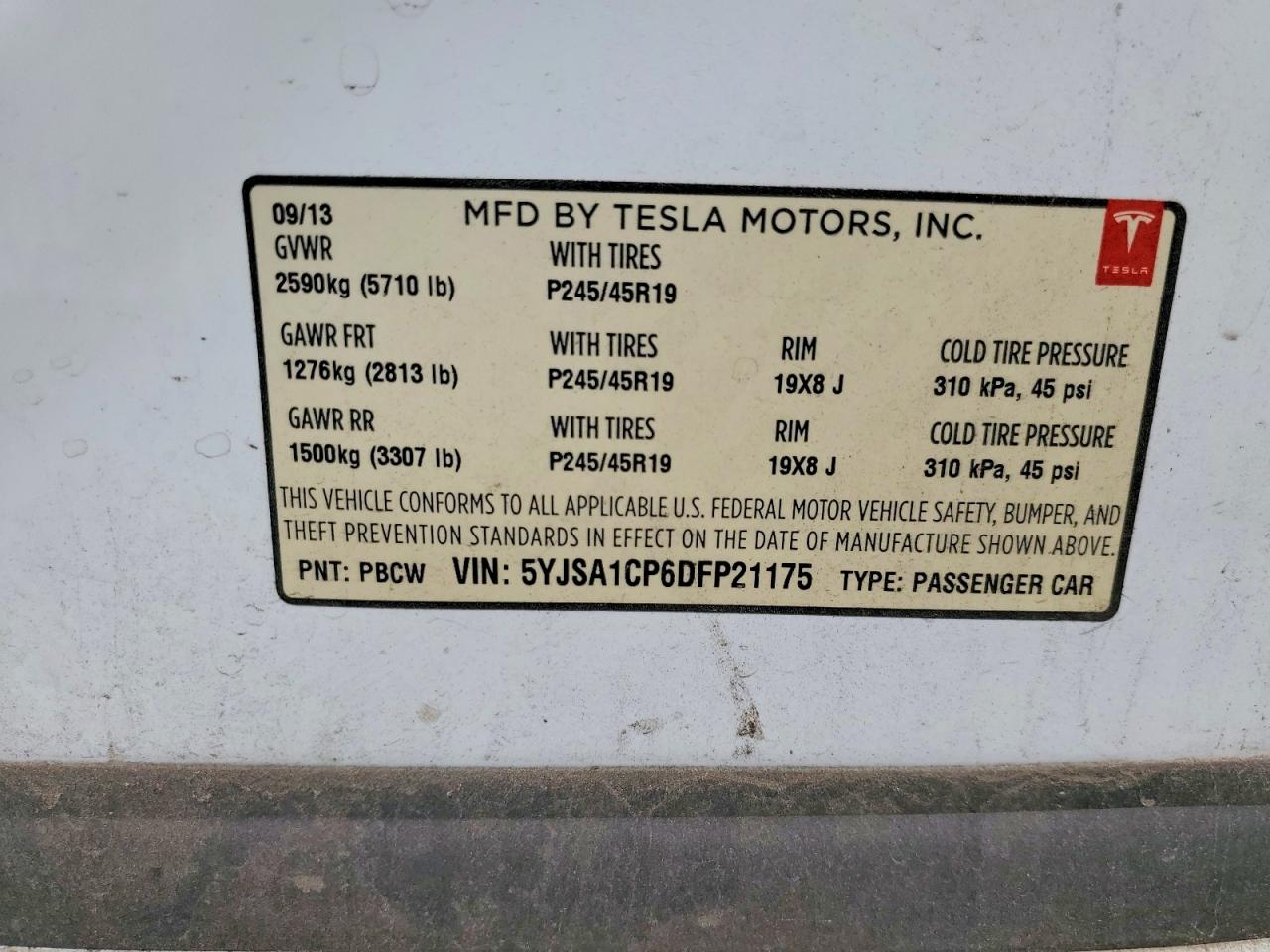 2013 Tesla Model S White vin: 5YJSA1CP6DFP21175