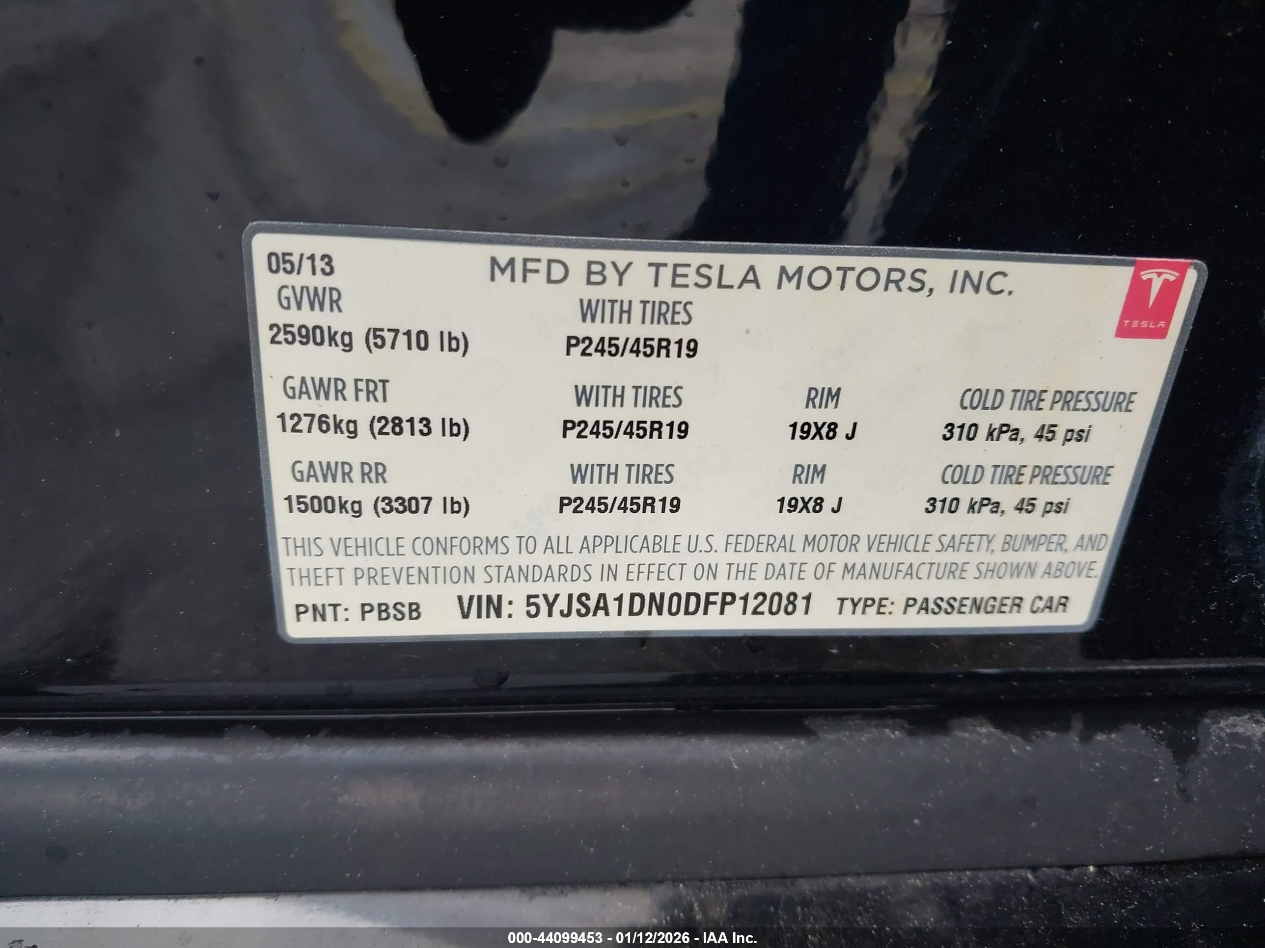 2013 Tesla Model S   Black vin: 5YJSA1DN0DFP12081