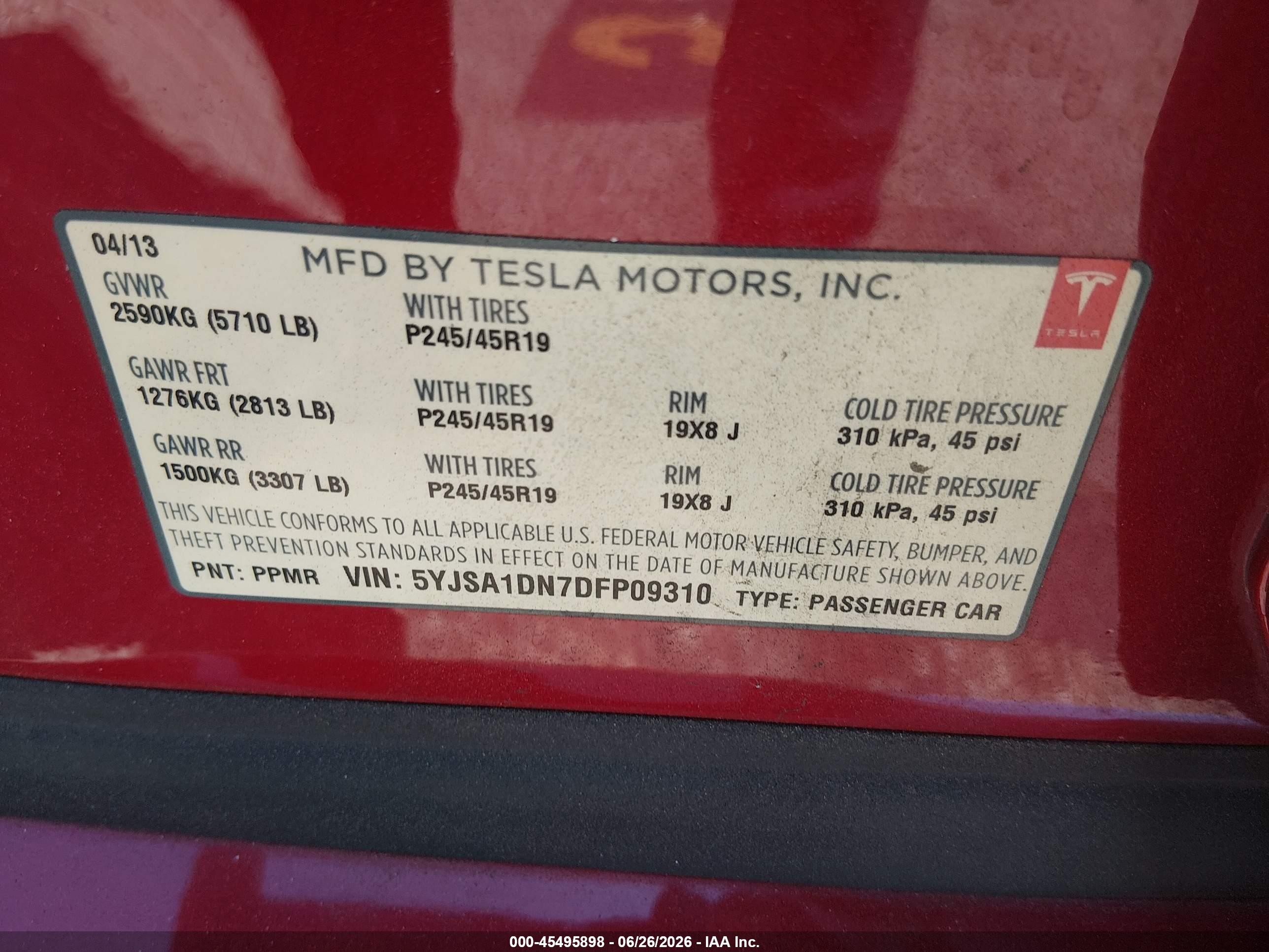 2013 Tesla Model S Red vin: 5YJSA1DN7DFP09310
