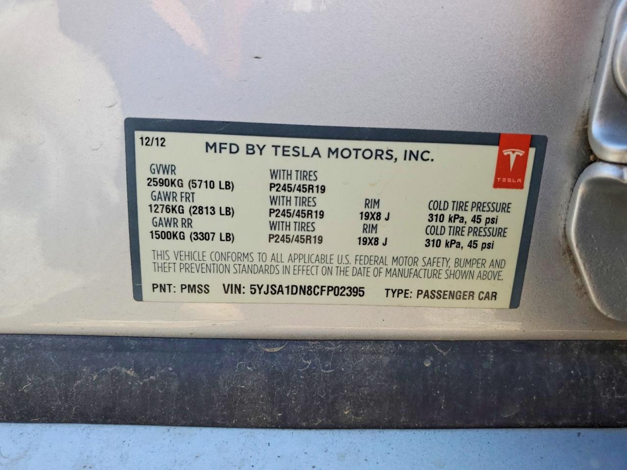 2012 Tesla Model S Silver vin: 5YJSA1DN8CFP02395