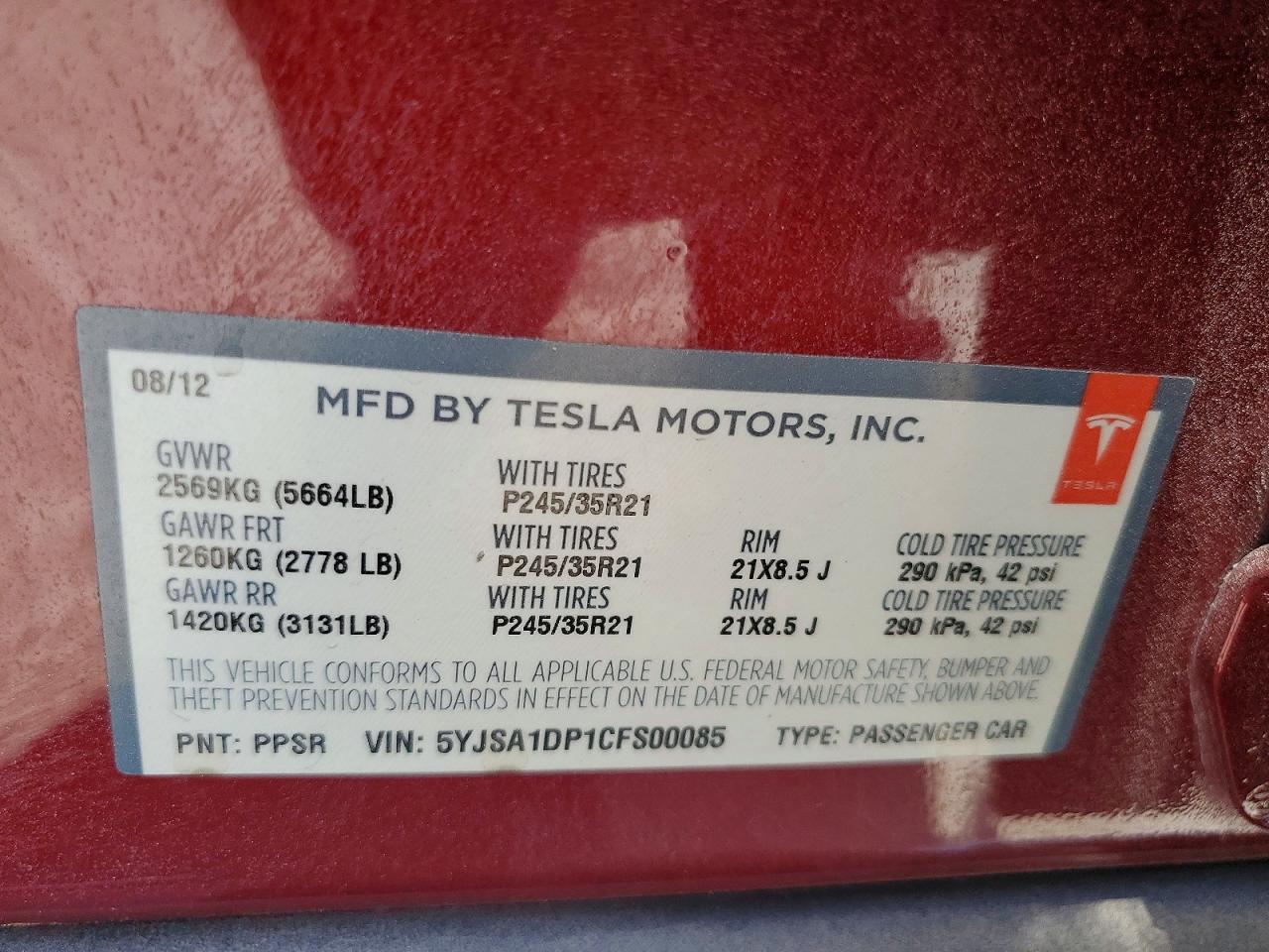 2012 Tesla Model S Red vin: 5YJSA1DP1CFS00085