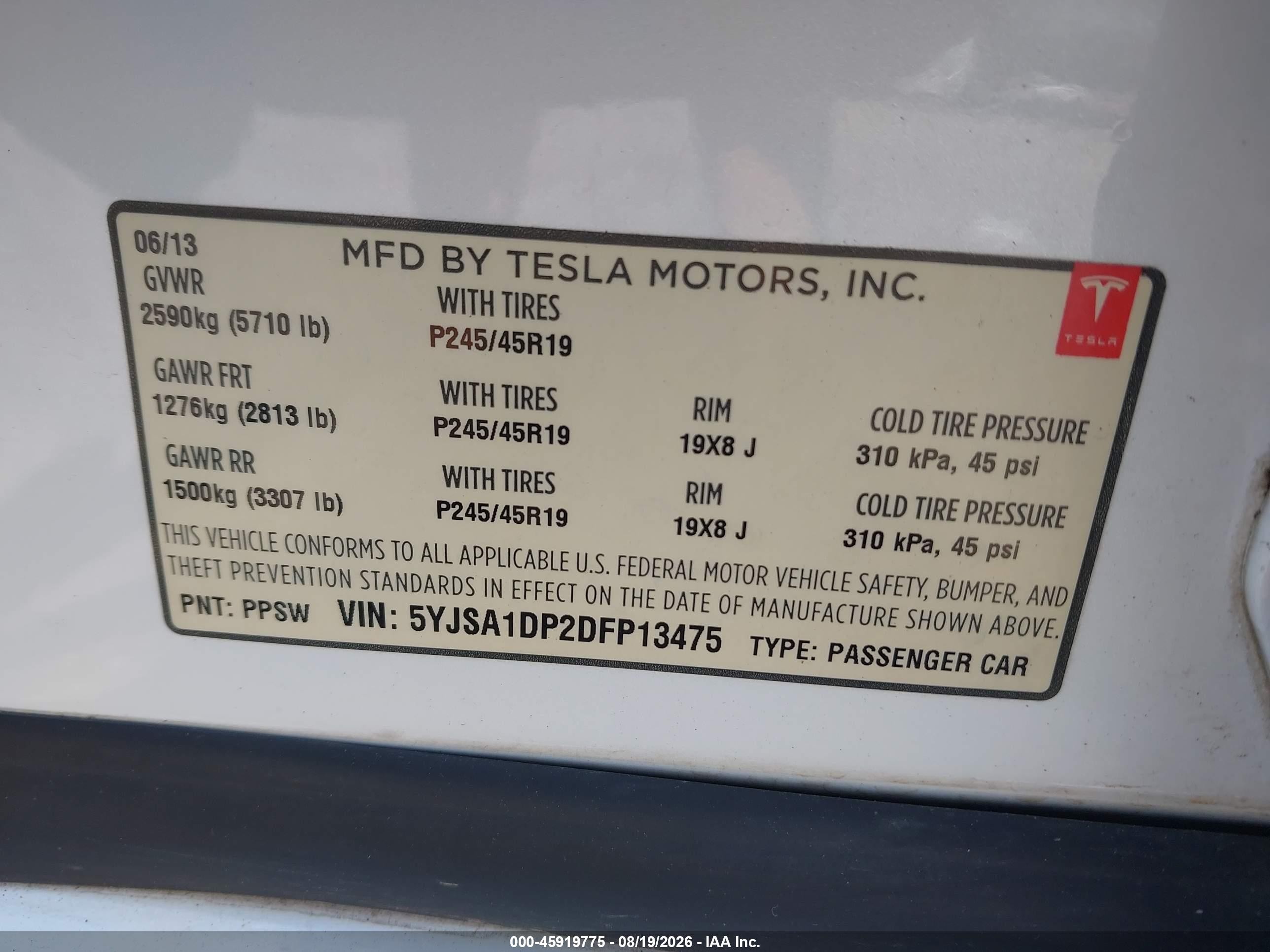 2013 Tesla Model S Performance White vin: 5YJSA1DP2DFP13475