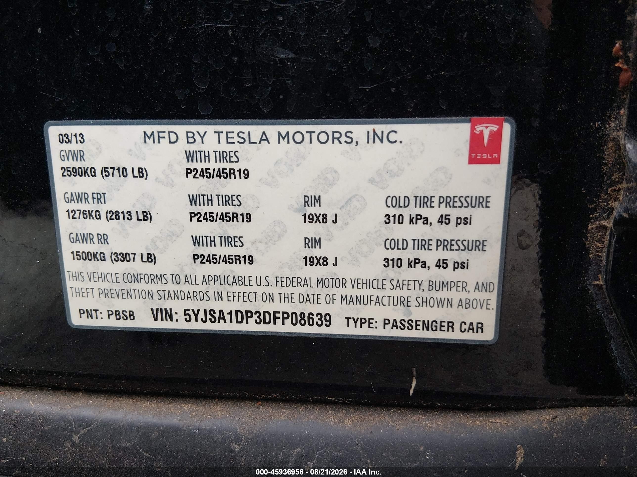 2013 Tesla Model S Performance Black vin: 5YJSA1DP3DFP08639