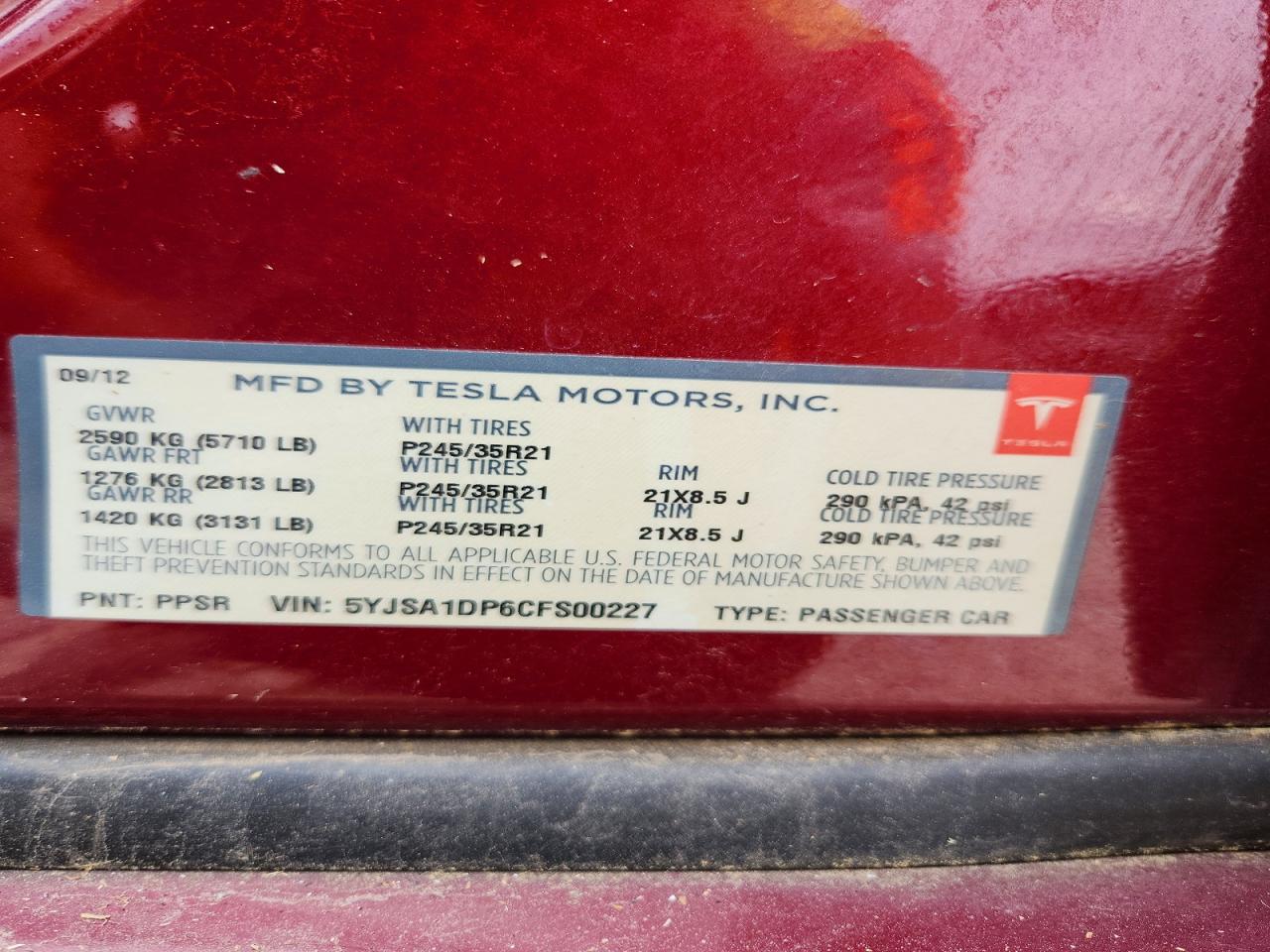 2012 Tesla Model S Maroon vin: 5YJSA1DP6CFS00227