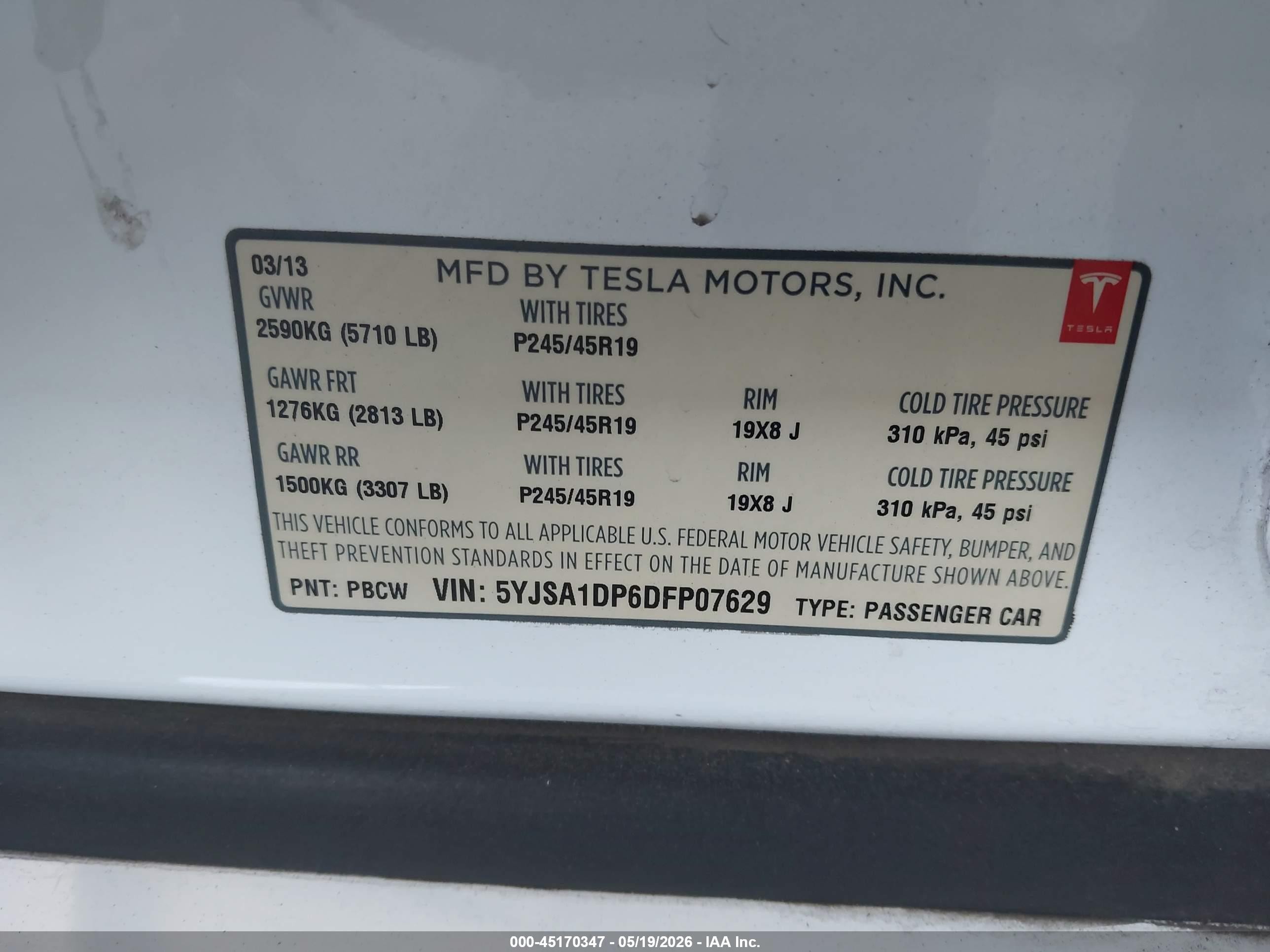2013 Tesla Model S Performance White vin: 5YJSA1DP6DFP07629