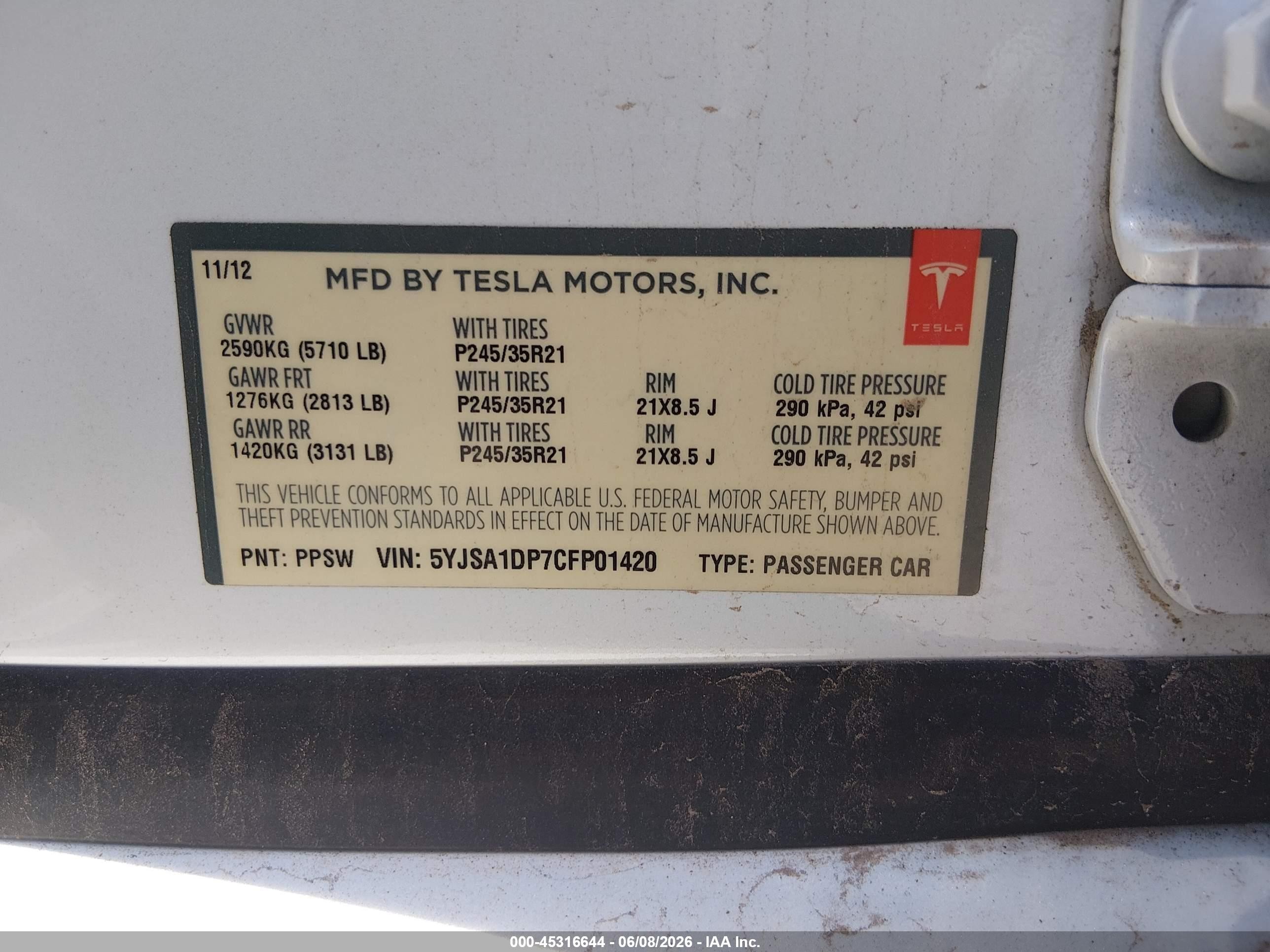 2012 Tesla Model S Performance/signature Performance White vin: 5YJSA1DP7CFP01420