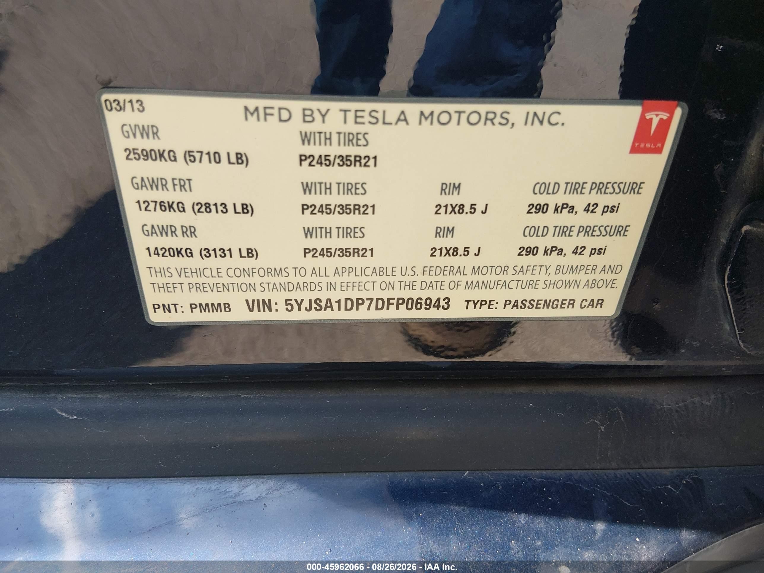 2013 Tesla Model S Performance Black vin: 5YJSA1DP7DFP06943