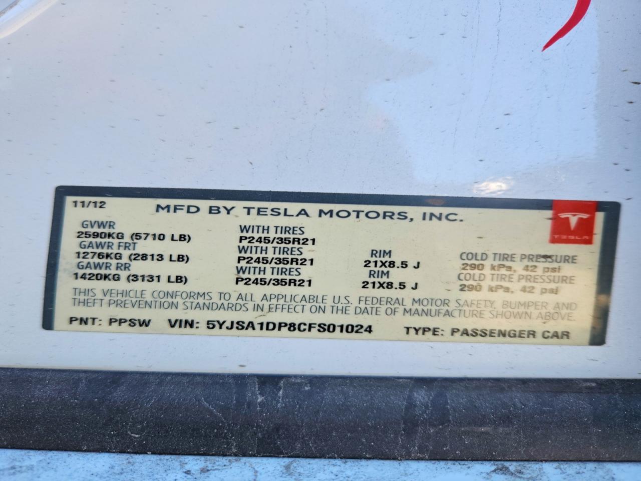 2012 Tesla Model S White vin: 5YJSA1DP8CFS01024
