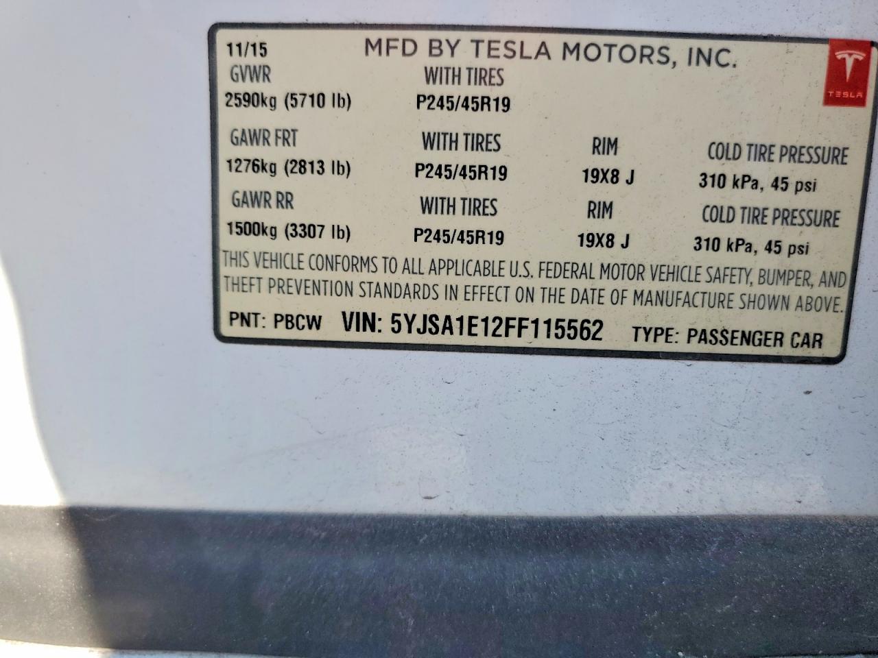 2015 Tesla Model S White vin: 5YJSA1E12FF115562
