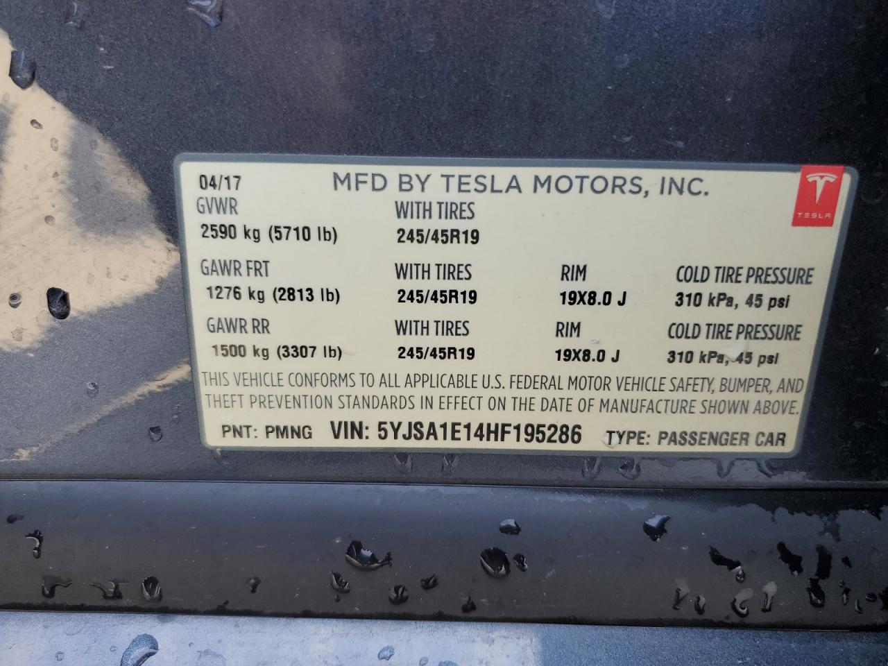 2017 Tesla Model S  Серый vin: 5YJSA1E14HF195286