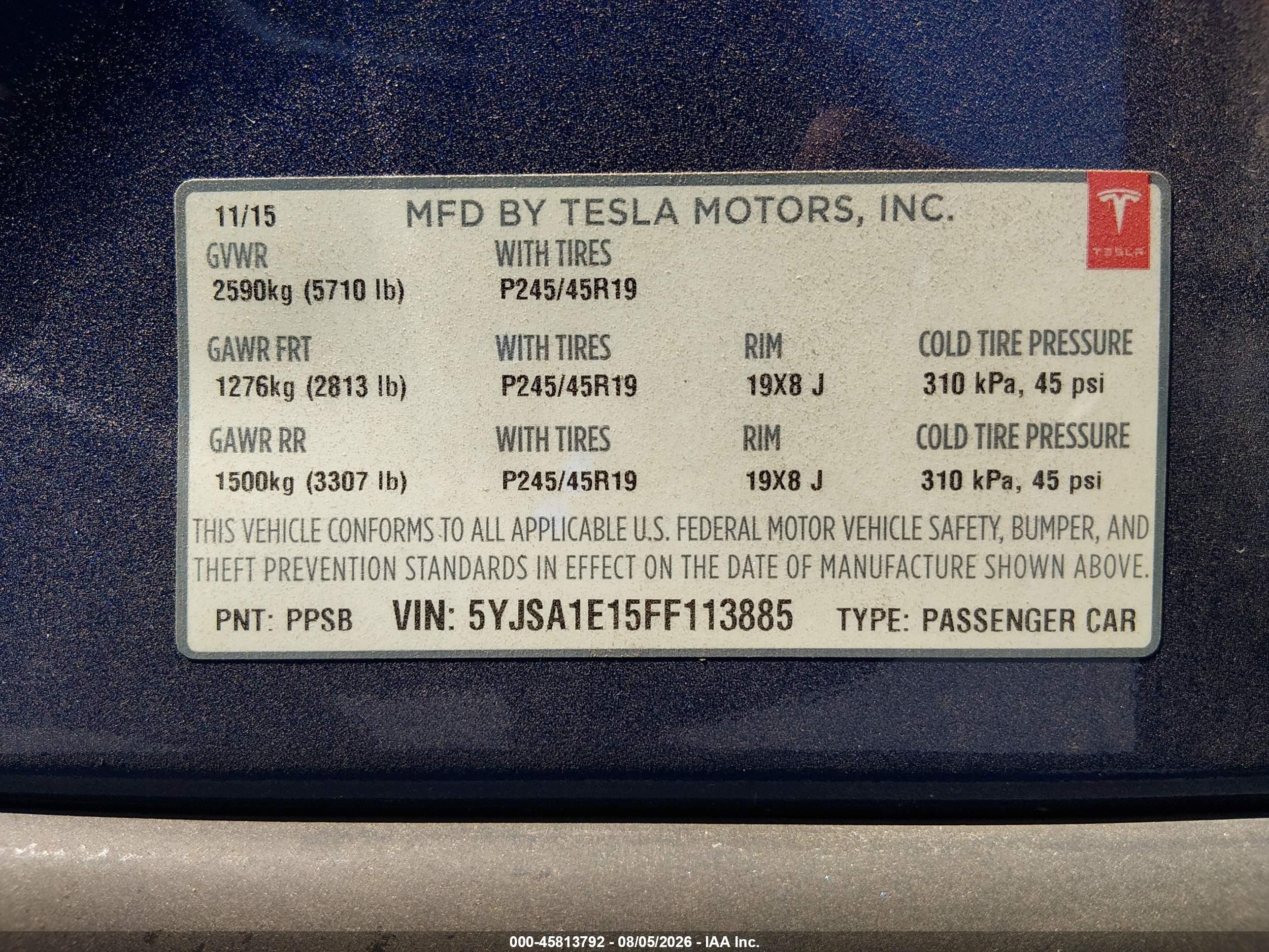 2015 Tesla Model S 60/70/85 Blue vin: 5YJSA1E15FF113885