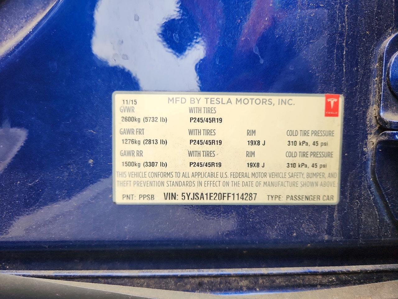 2015 Tesla Model S Blue vin: 5YJSA1E20FF114287