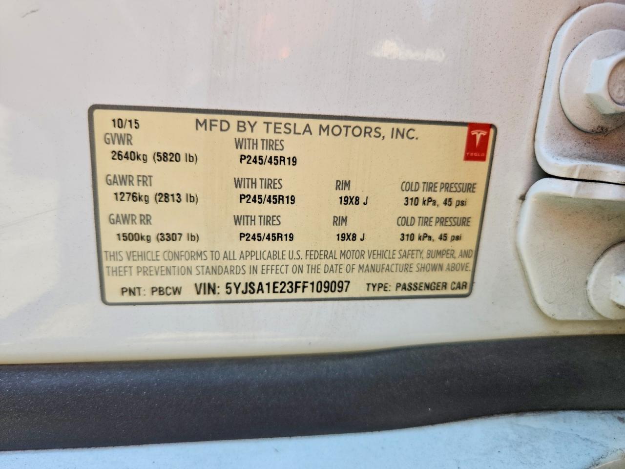2015 Tesla Model S White vin: 5YJSA1E23FF109097